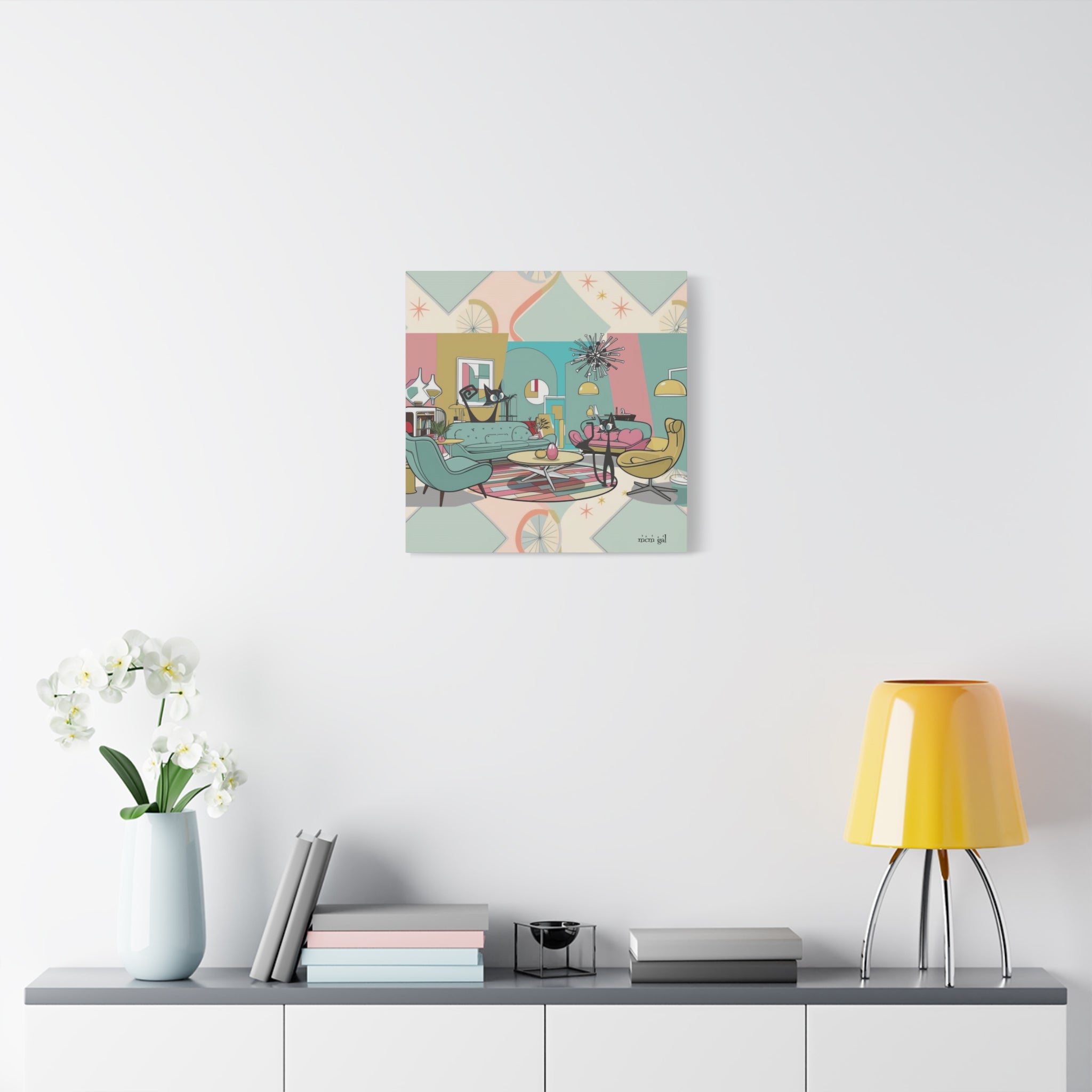 Mid-Century Modern Atomic Cat Kitschy Mod Living Room, Aqua, Pink, Starburst Original Art By MCM GAL - Mid Century Modern Gal