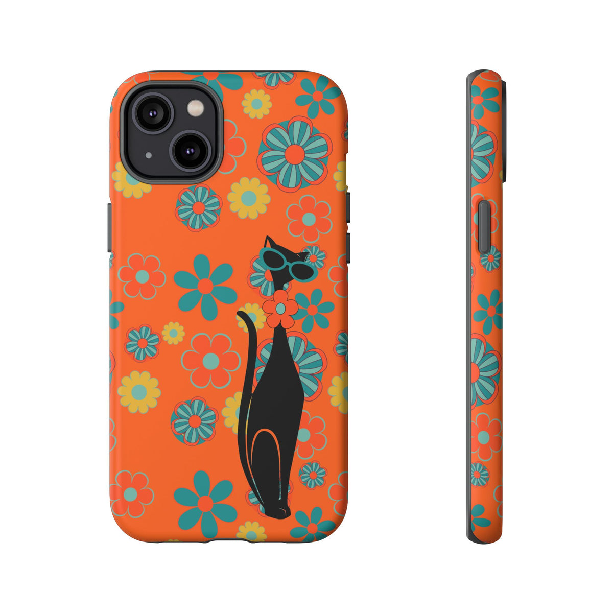Flower Power, Retro Groovy Atomic Cat, Hipster Style Orange Samsung Galaxy and Google Pixel Tough Cases