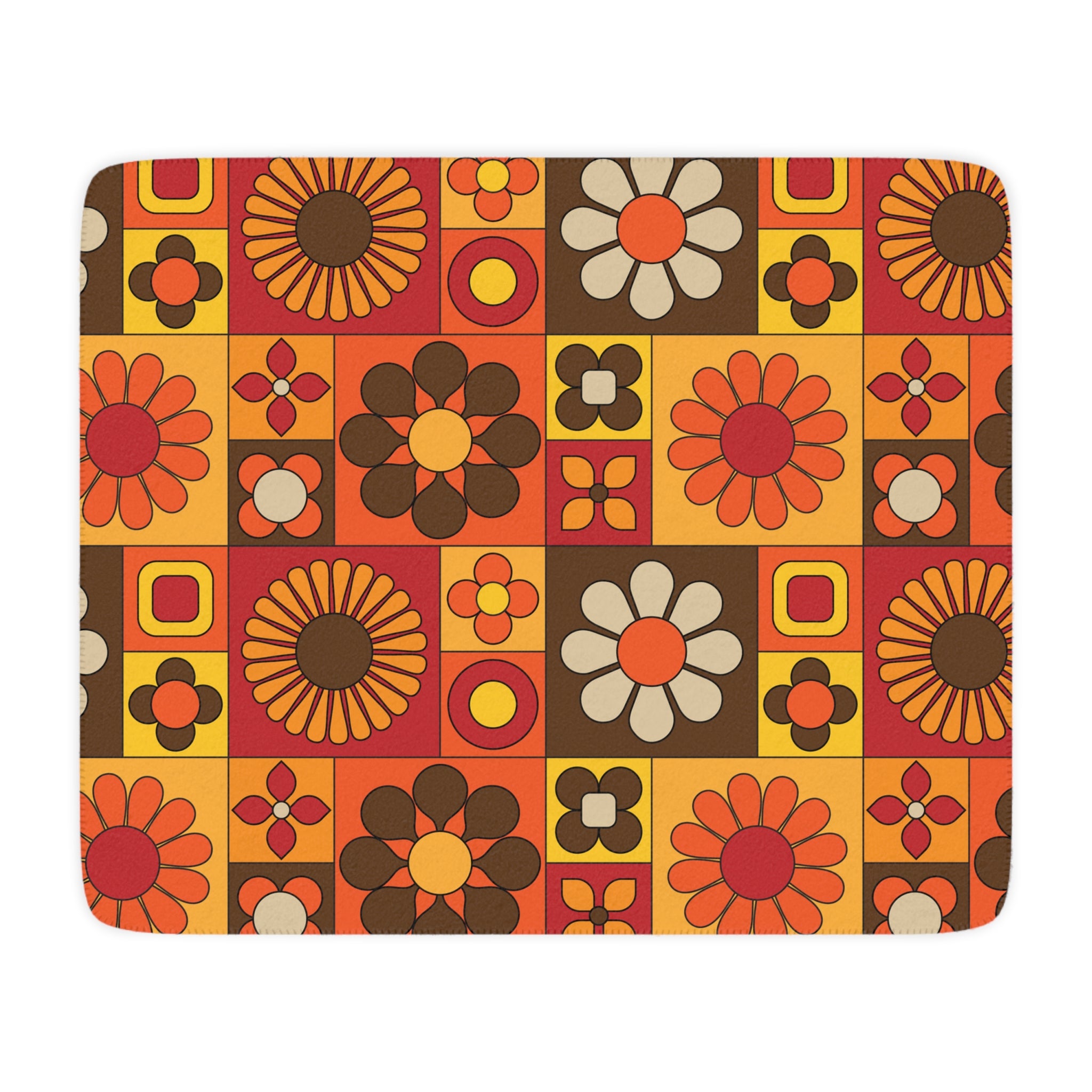 Retro Floral Boho Vibes, Orange, Yellow Brown Groovy Mod Tan Sherpa Blanket - Cozy Throw for Home Decor & Gifting - Mid Century Modern Gal