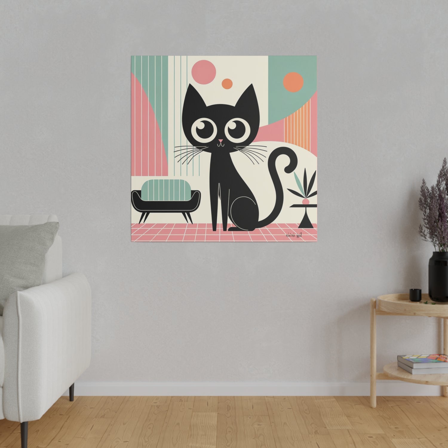 Mid Century Modern Atomic Kitty Cat, Pink, Kitschy Mod Matte Canvas - Mid Century Modern Gal