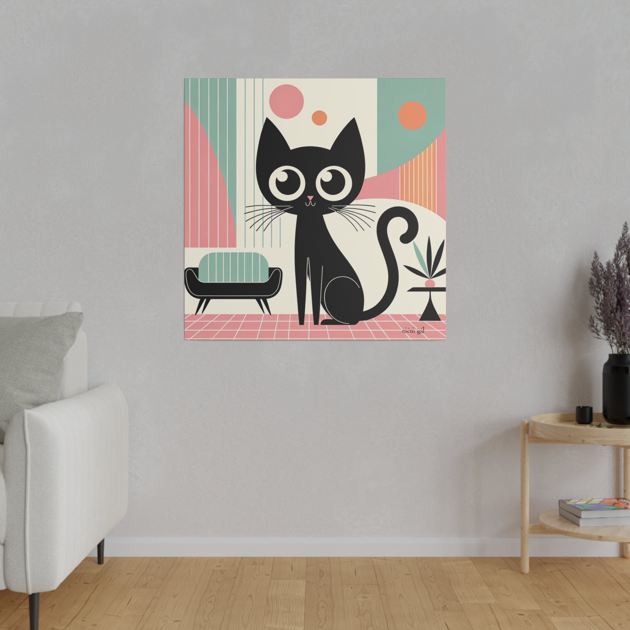 Mid Century Modern Atomic Kitty Cat, Pink, Kitschy Mod Matte Canvas - Mid Century Modern Gal