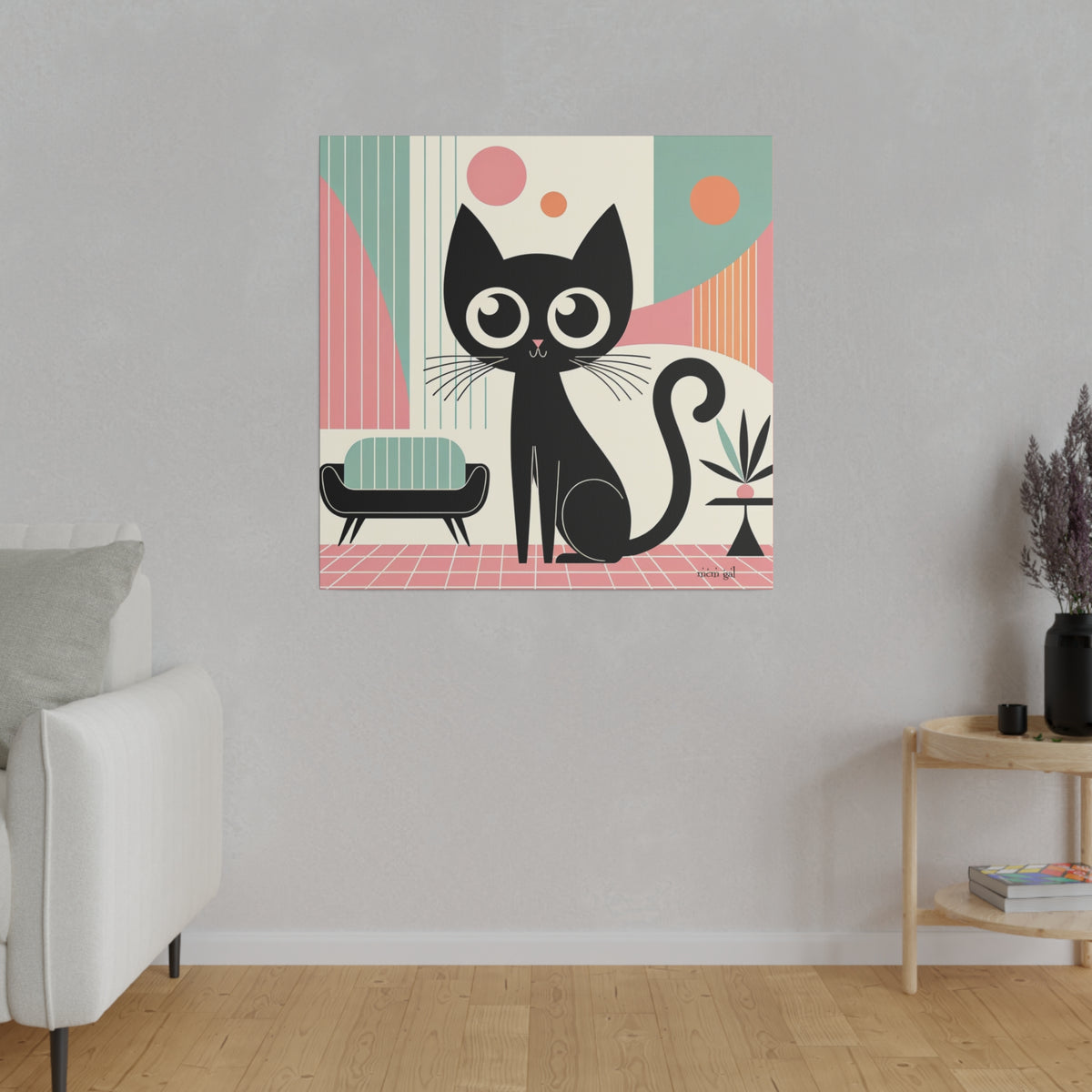 Mid Century Modern Atomic Kitty Cat, Pink, Kitschy Mod Matte Canvas - Mid Century Modern Gal