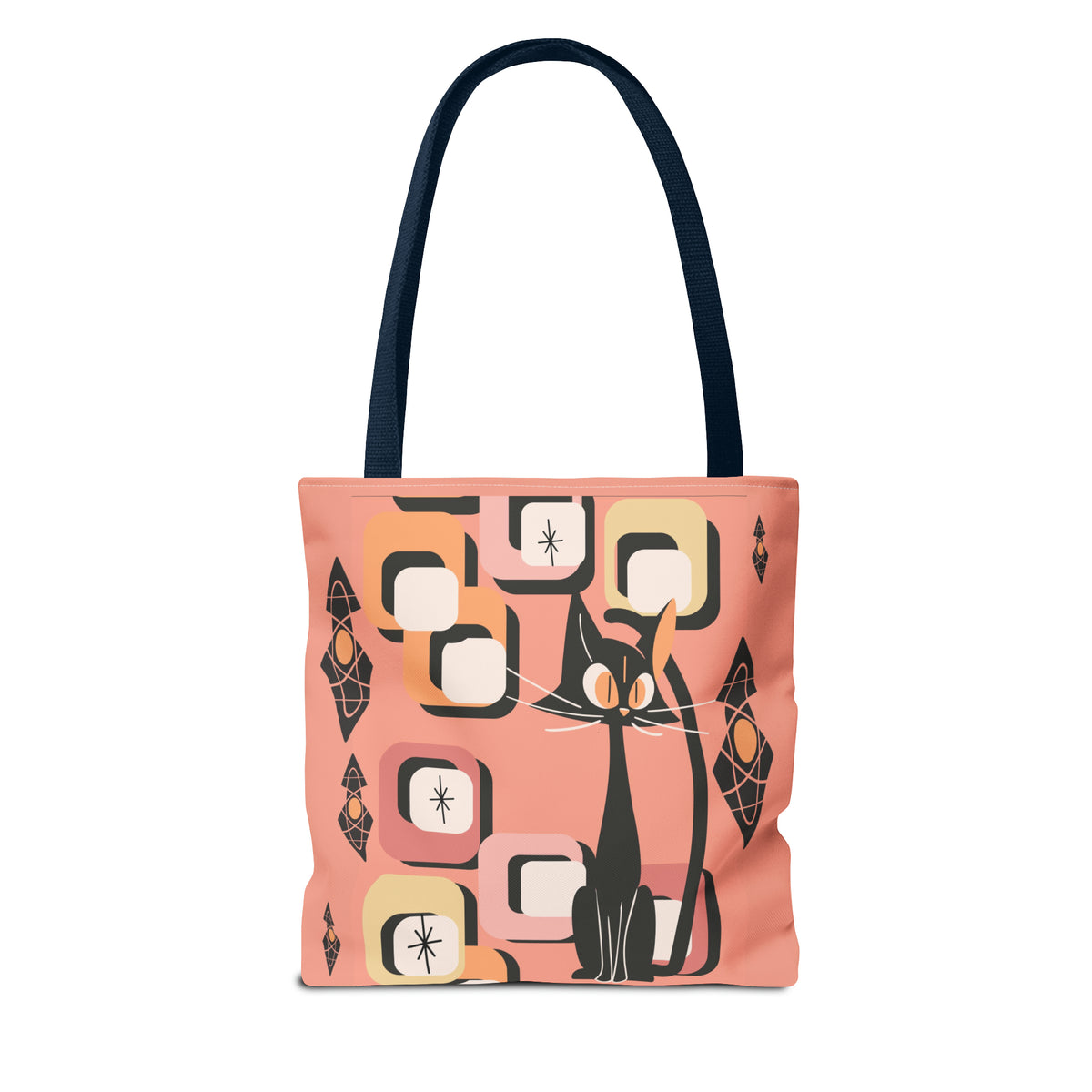 Coral tote bag featuring a geometric atomic cat design, perfect for mid-century modern retro enthusiasts.