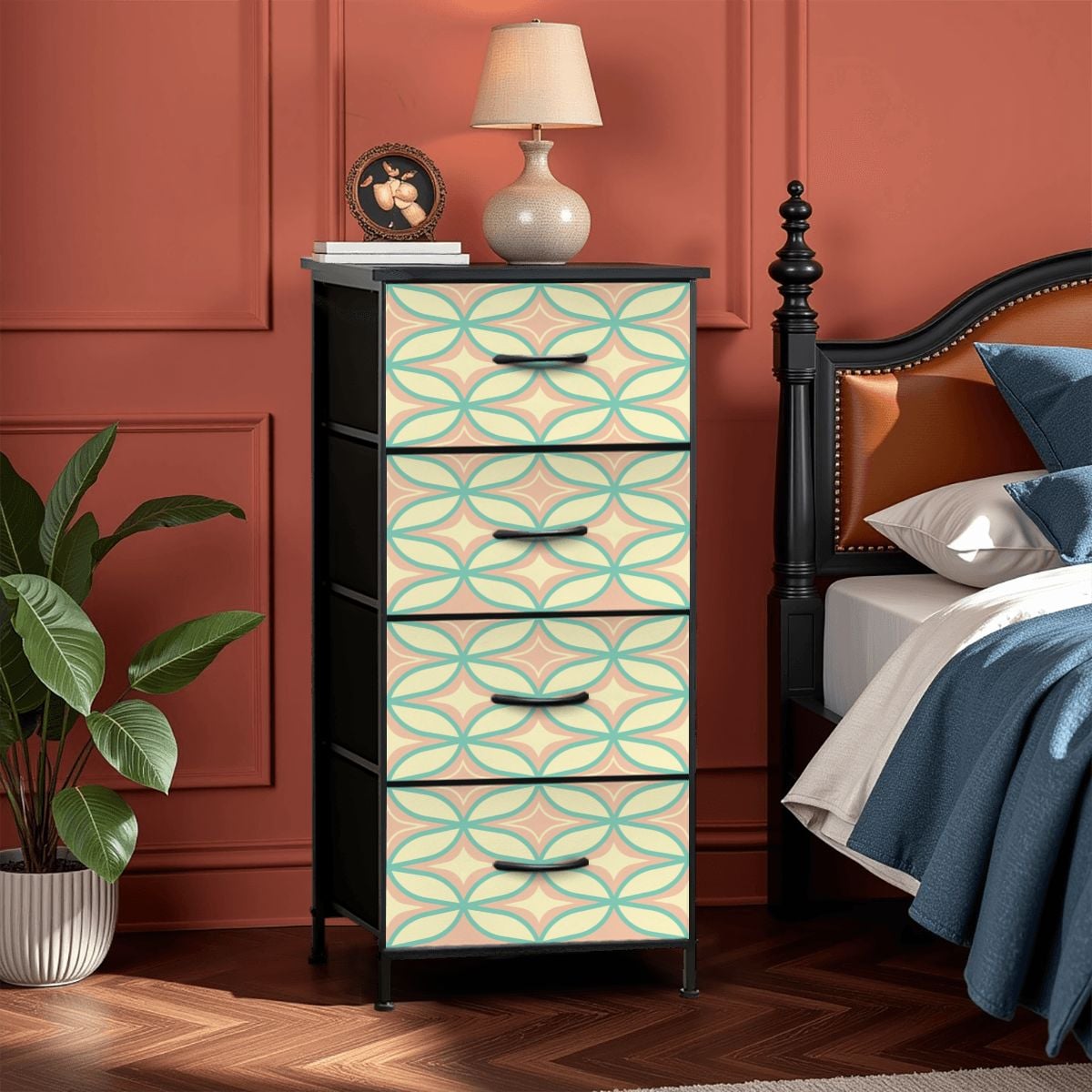 Mid Century Modern Starburst Diamond Pink, Mint Green 4-Drawer Dresser - Mid Century Modern Gal