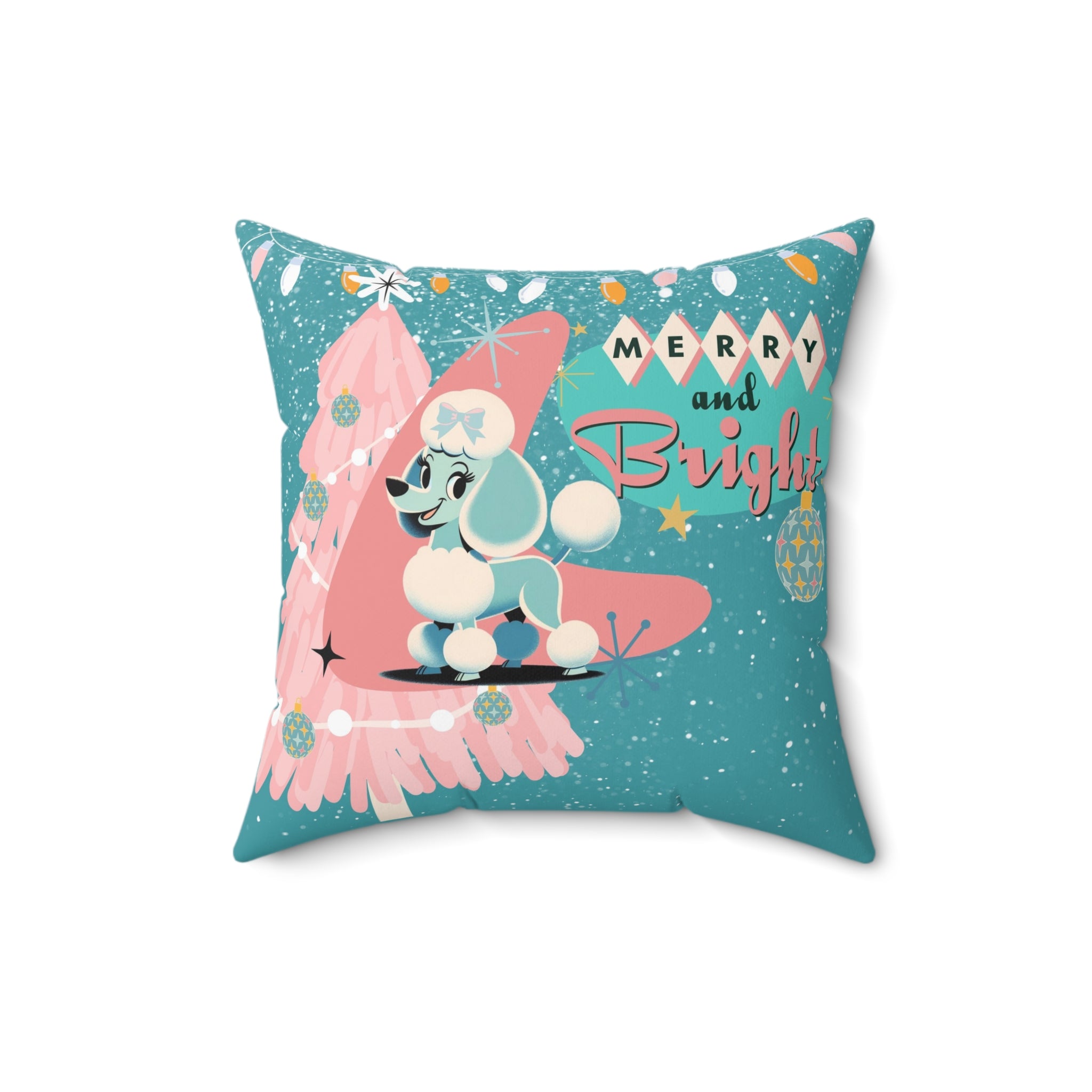 Mid Century Modern 50s Holiday Kitsch Poodle Merry And Bright, Aqua Pink Christmas Pillow And Insert - Mid Century Modern Gal