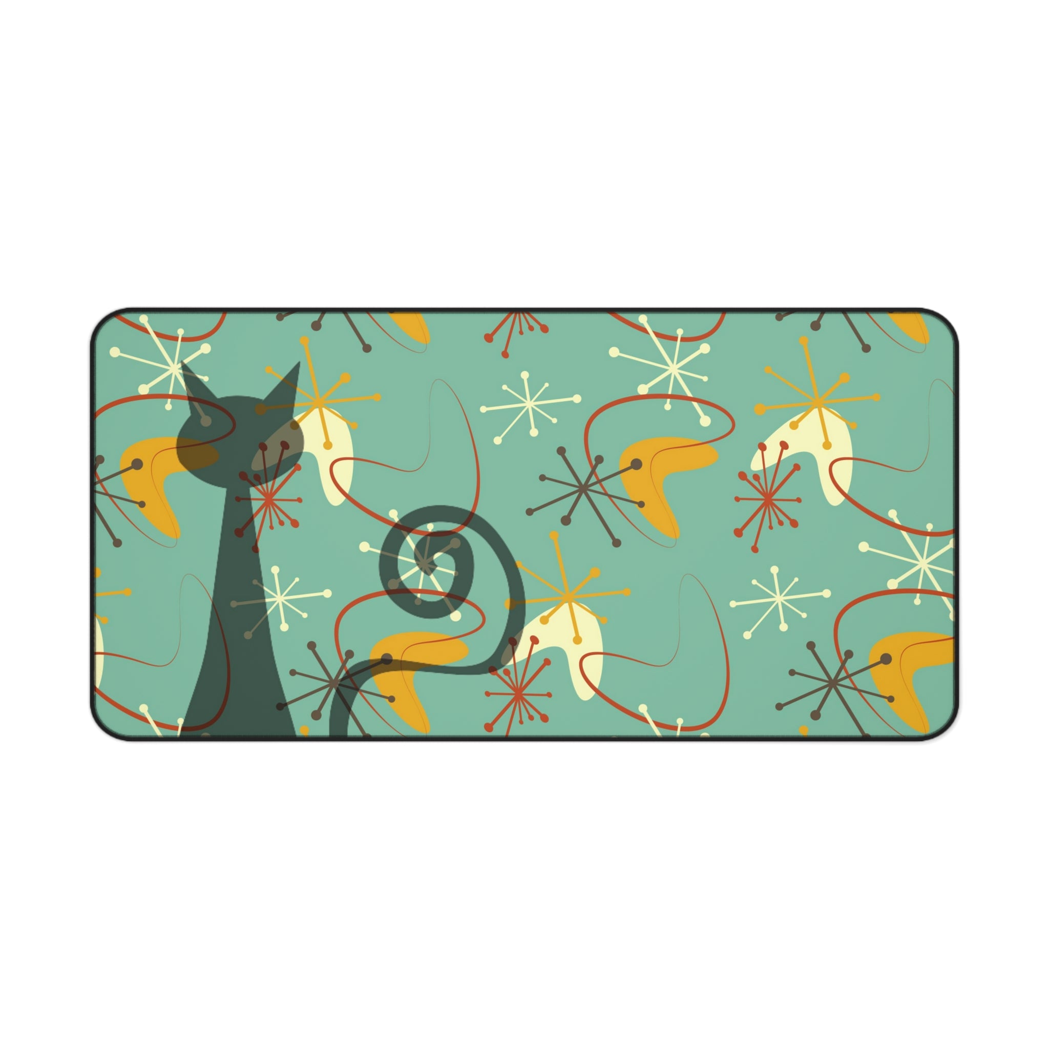 Atomic Cat Boomerang Retro Mid Century Modern Green, Brown, Yellow, Beige MCM Home Decor Desk Mat - Mid Century Modern Gal