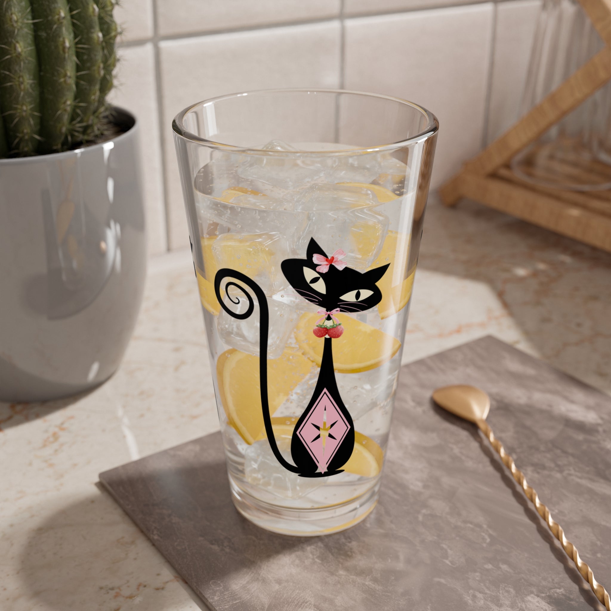 Atomic Cat, Strawberry Love Whimsical Cat Mixing Glass - Perfect for Cat Lovers & Entertaining - Mid Century Modern Gal