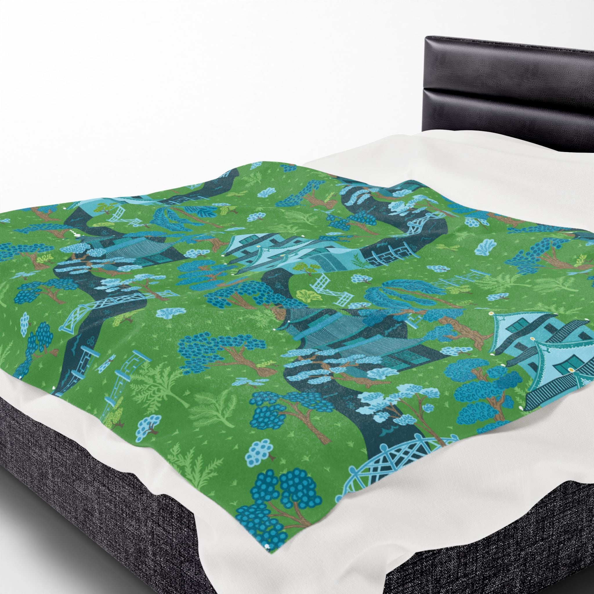 Chinoiserie Throw Blanket, Green, Blue Serene Garden Velveteen Plush Blanket - Cozy Floral Design - Mid Century Modern Gal
