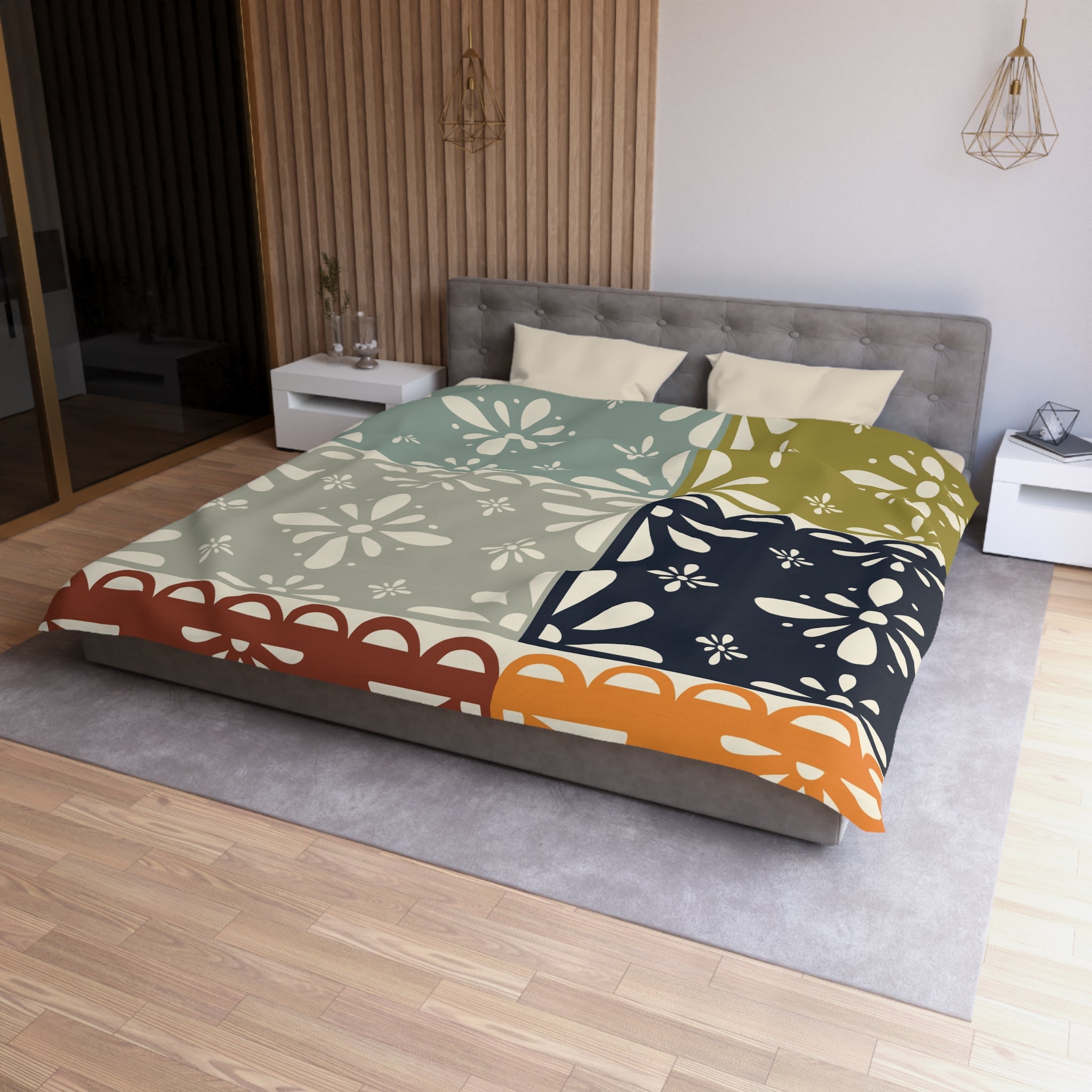 Modern Scandinavian Flower Patchwork, Mid Mod Duvet Cover - Mid Century Modern Gal