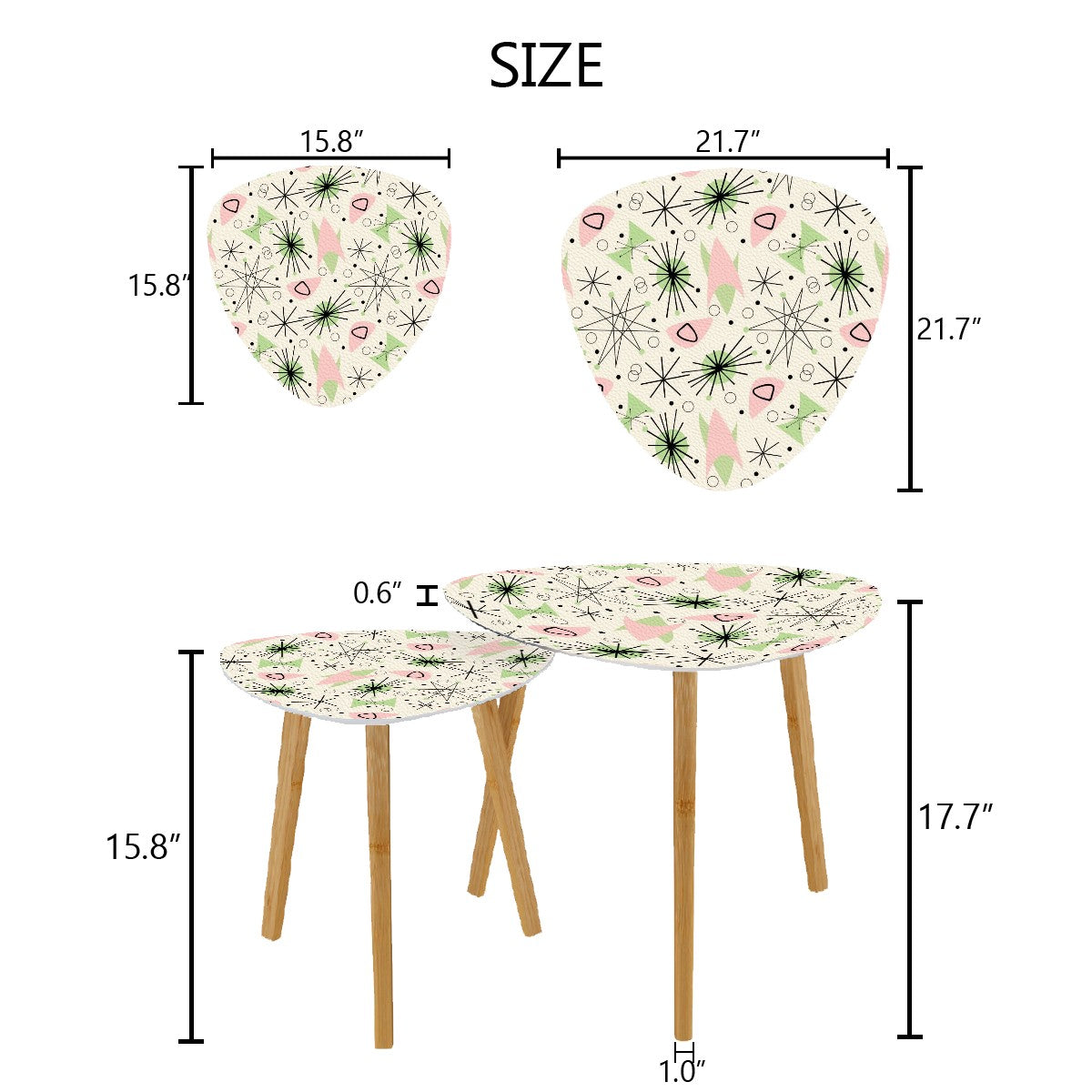 Mid Century Modern Atomic Starburst Vanilla White, Pink Green Nesting Tables - Mid Century Modern Gal