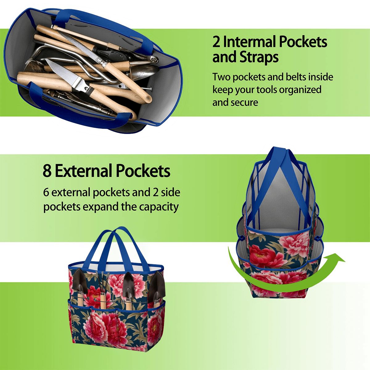 Modern Chinoiserie Royal Blue, Pink Red Floral Garden Tool Bag