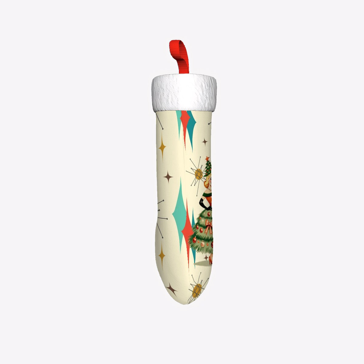 Franciscan Starburst Mid Century Modern Christmas Gal, SnowmanPlush Christmas Stocking - Mid Century Modern Gal