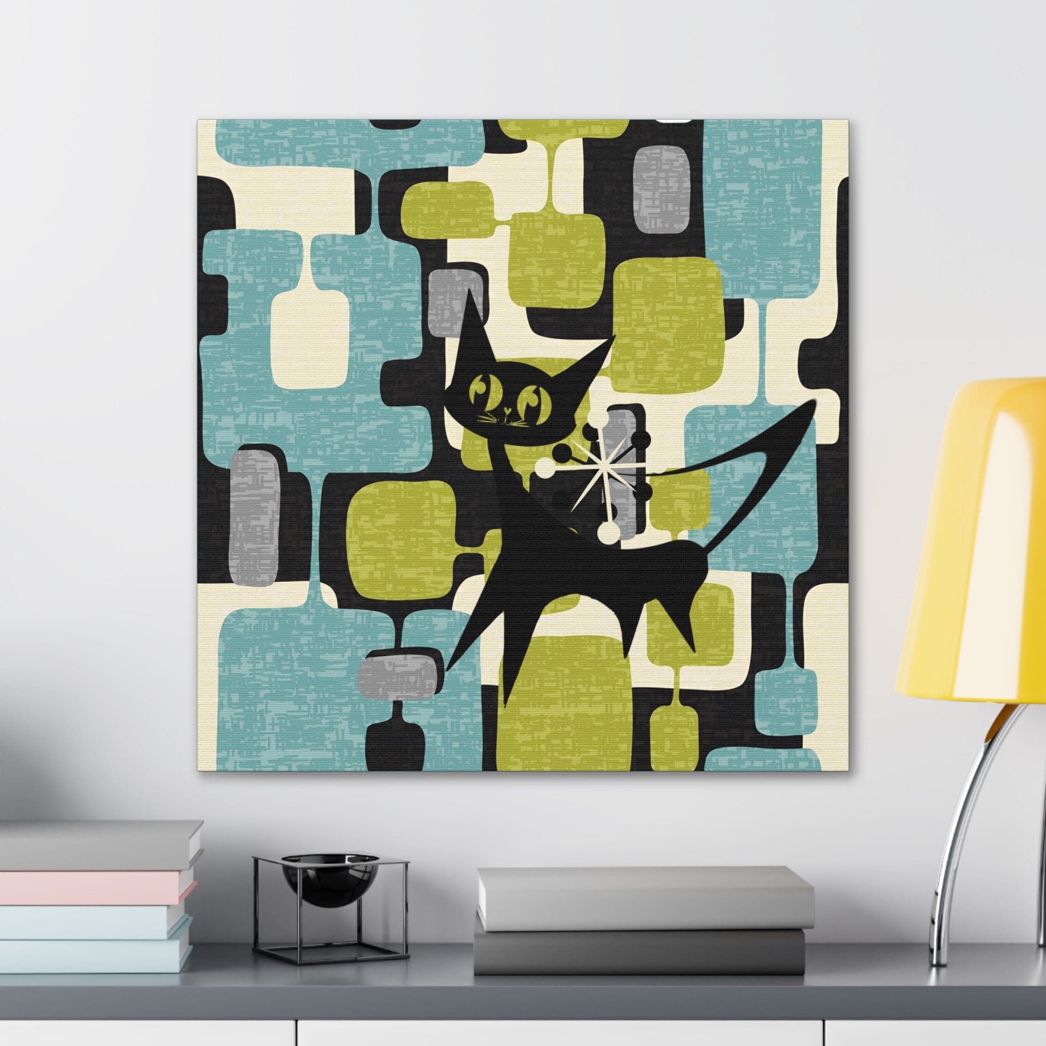 Atomic Cat, Mid Century Modern Wall Art, Geometric, Gray, Teal, Green, Beige MCM Canvas Art Canvas 24″ x 24″ (Square) / Premium Gallery Wraps (1.25″)