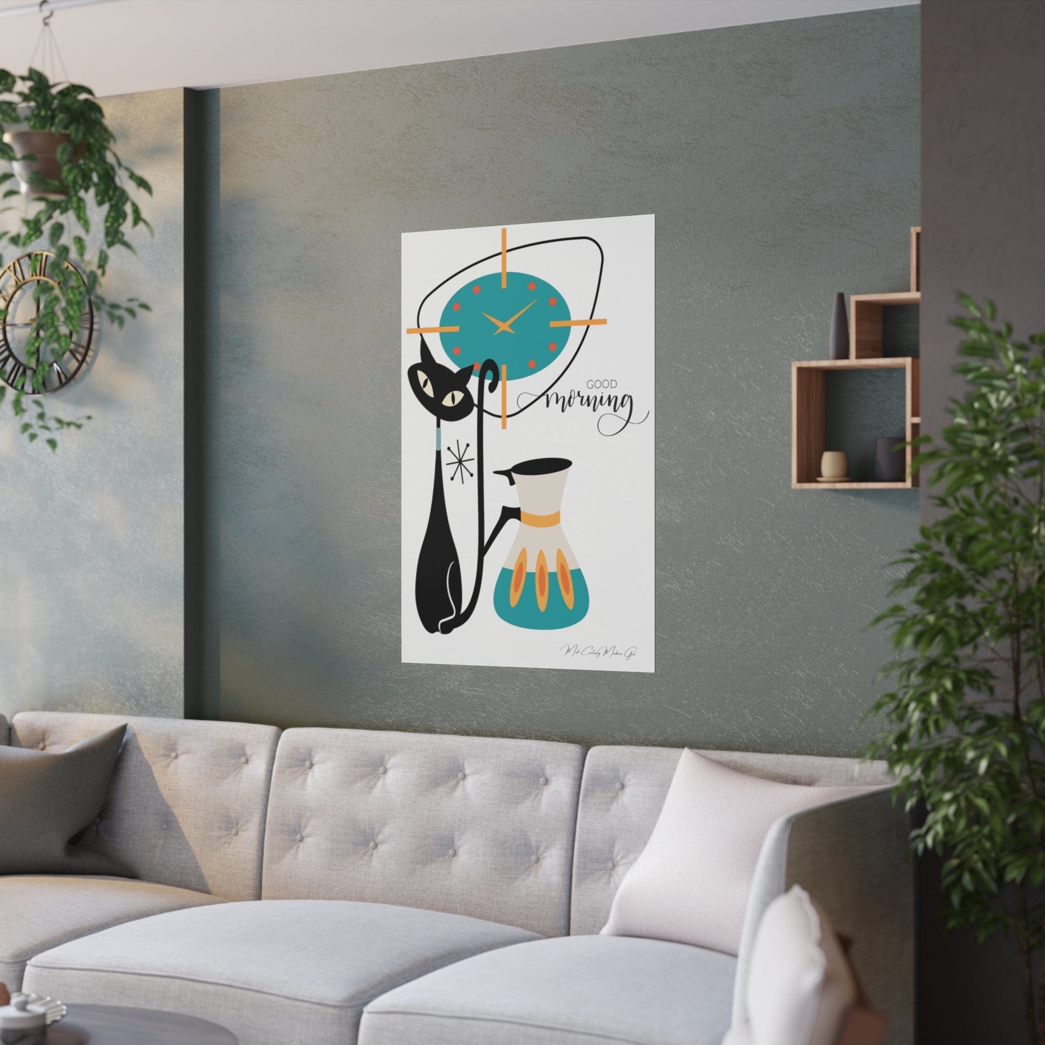 Atomic Cat, Mid Century Modern Kitchen Art, Atomic Clock, Good Morning, Kitchen Coffee Lover, Cat Momf Retro Satin Posters Poster 24″ x 36″