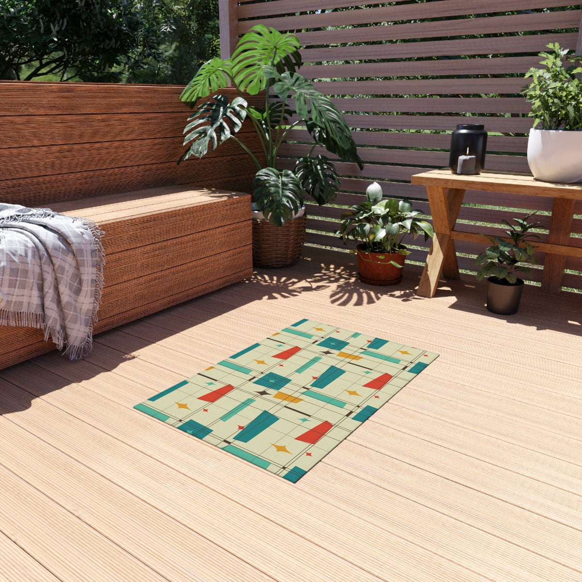 Mid Century Modern, Indoor, Outdoor Rug, Geometric Squares, Mid Mod Palm Spring Cali Home Decor Home Decor 24" × 36"