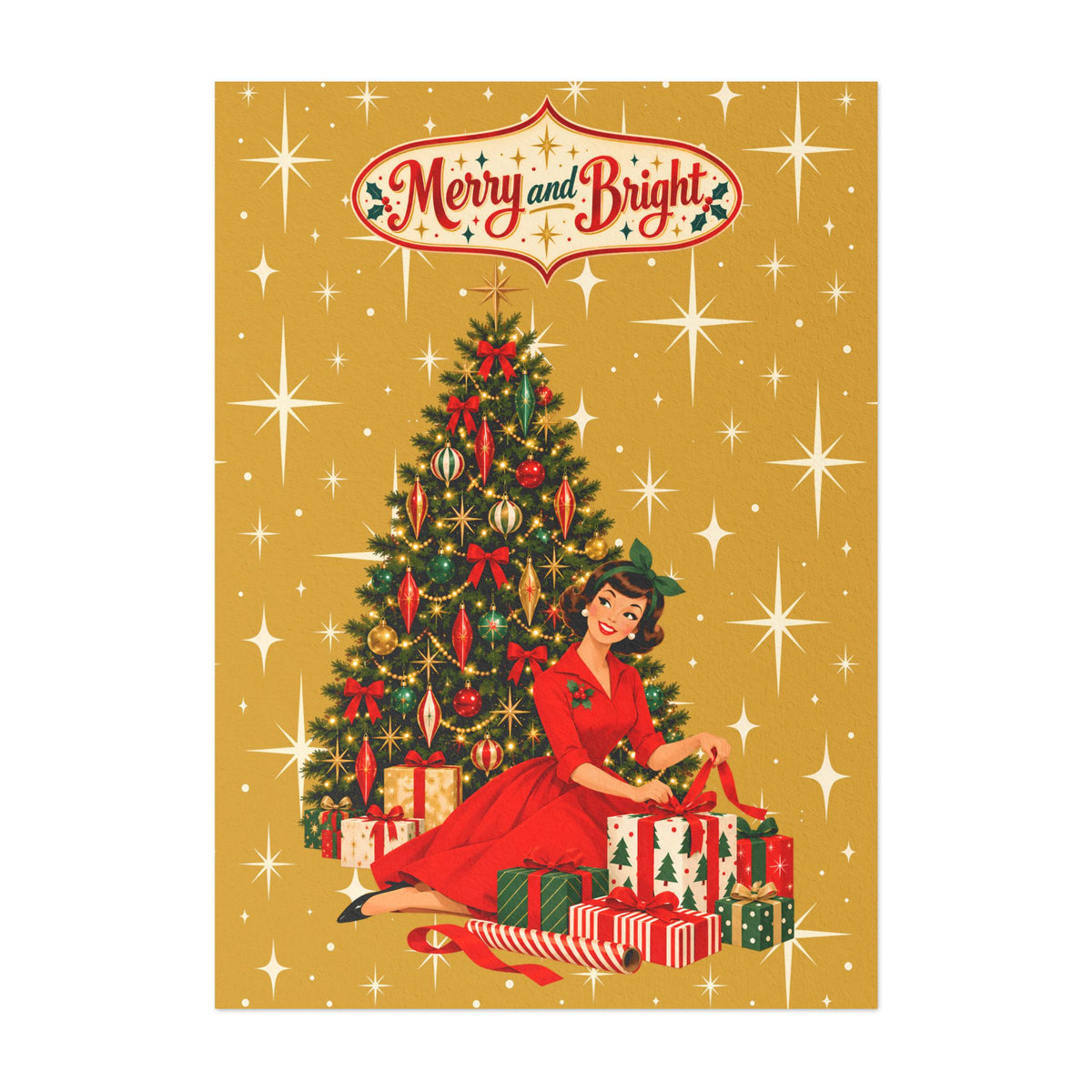 Mid Century Modern Christmas Glamour Gal Wrapping Presents by Tree, Gold Atomic Starbursts Flat Postcard Style Christmas Greeting Cards