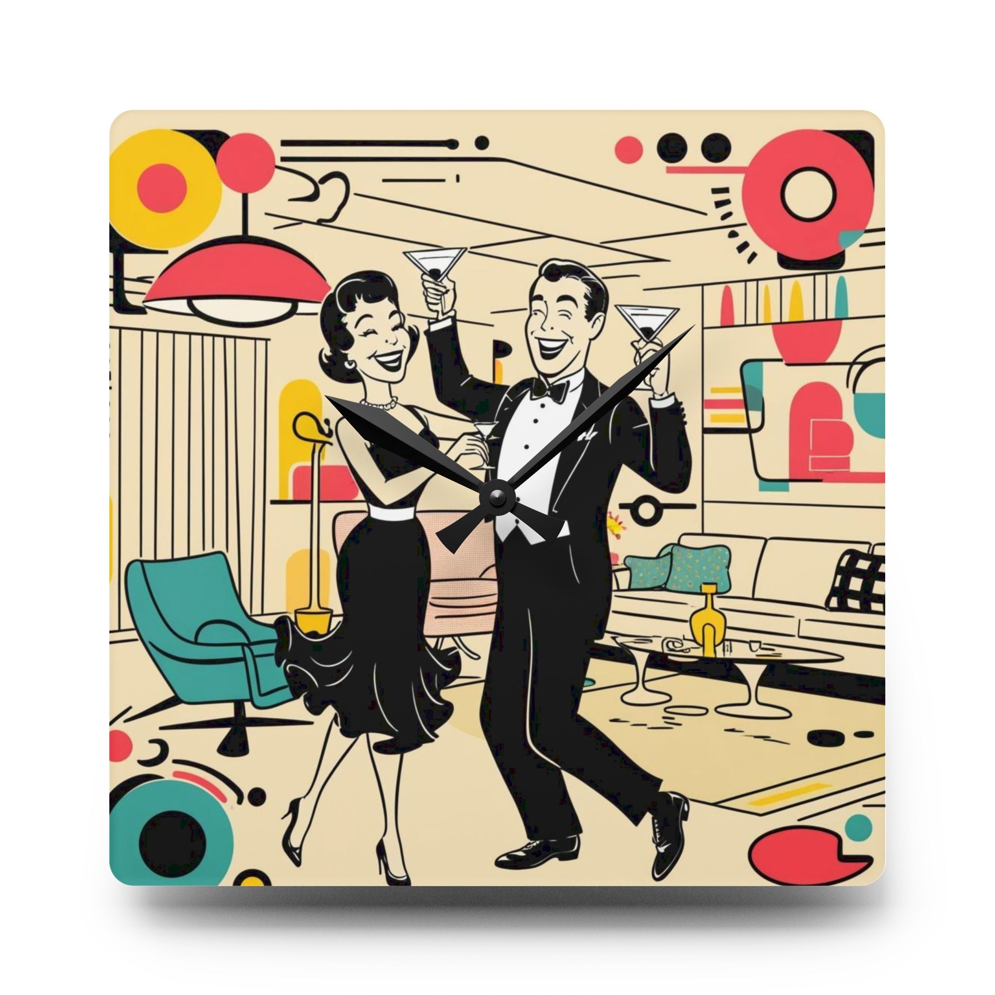 Mid Mod Couple Retro Cocktail Party Acrylic Wall Clock - Fun Vintage Design for Home Decor - Mid Century Modern Gal