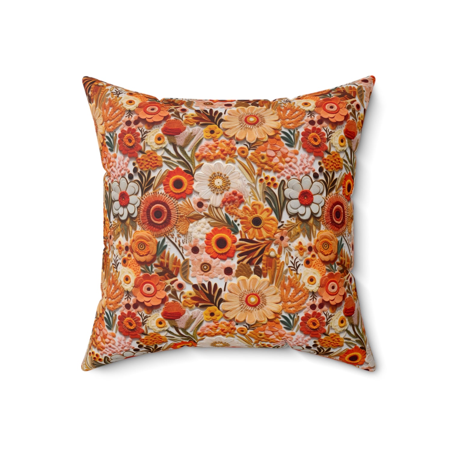 1970s Harvest Gold, Orange, Faux Embroidered Pillow And Insert - Mid Century Modern Gal