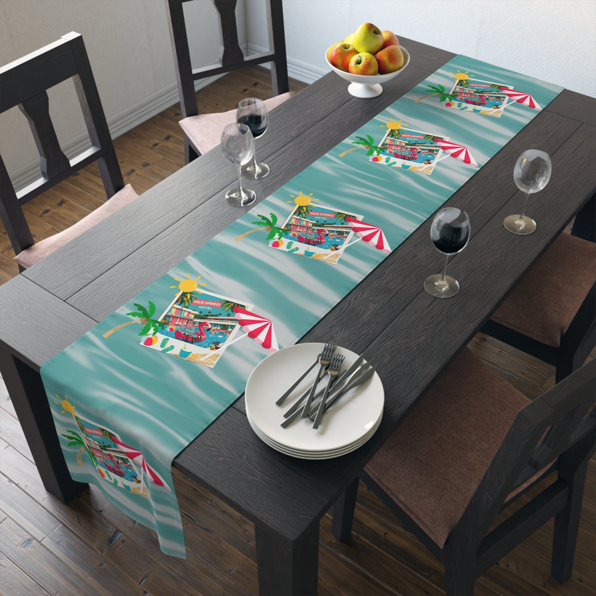 Hotel California, Kitschy Mod Flamingo Atomic Cat, Mid Mod Party Tropical Paradise Table Runner - Mid Century Modern Gal