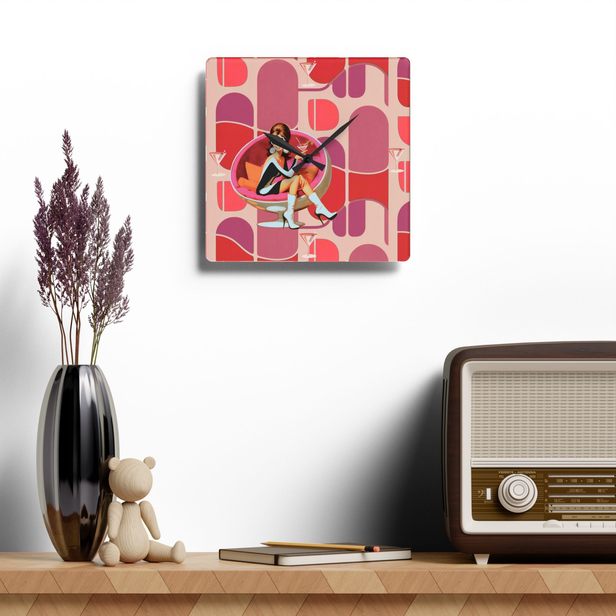60s Mod Gal Retro Atomic Martini Cocktail Mid Century Modern Wall Clock - Mid Century Modern Gal