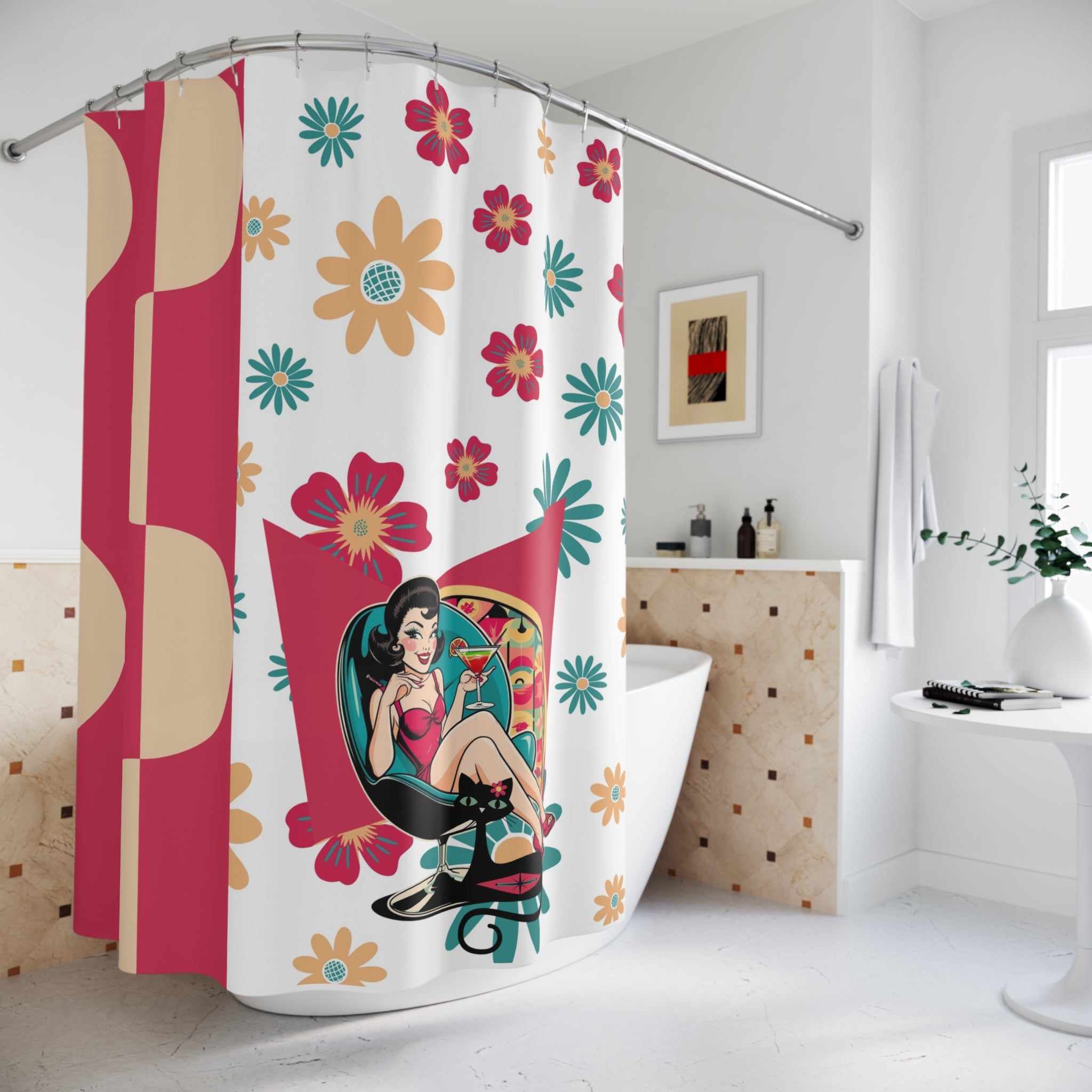 Mid Mod 60s Retro Gal Vintage Floral Shower Curtain | Retro Bathroom Decor | Boho Style - Mid Century Modern Gal