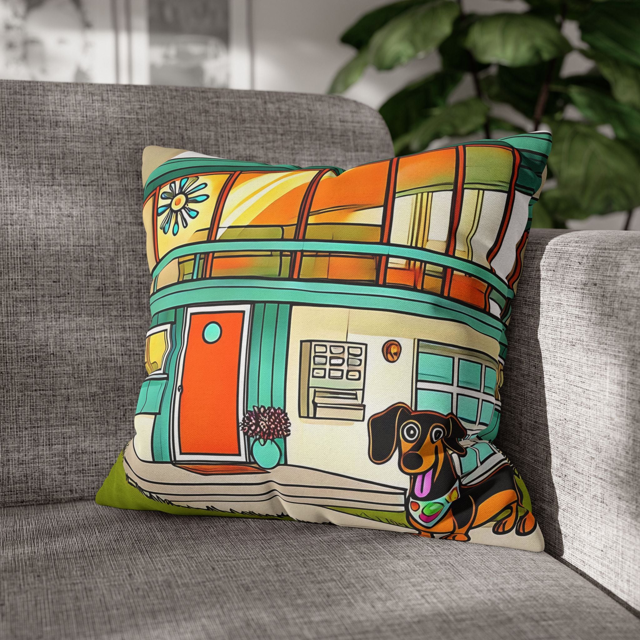 Doxie Dog Dwelling, Kitschy Mid Century Modern Pillow COVER Only - Mid Century Modern Gal