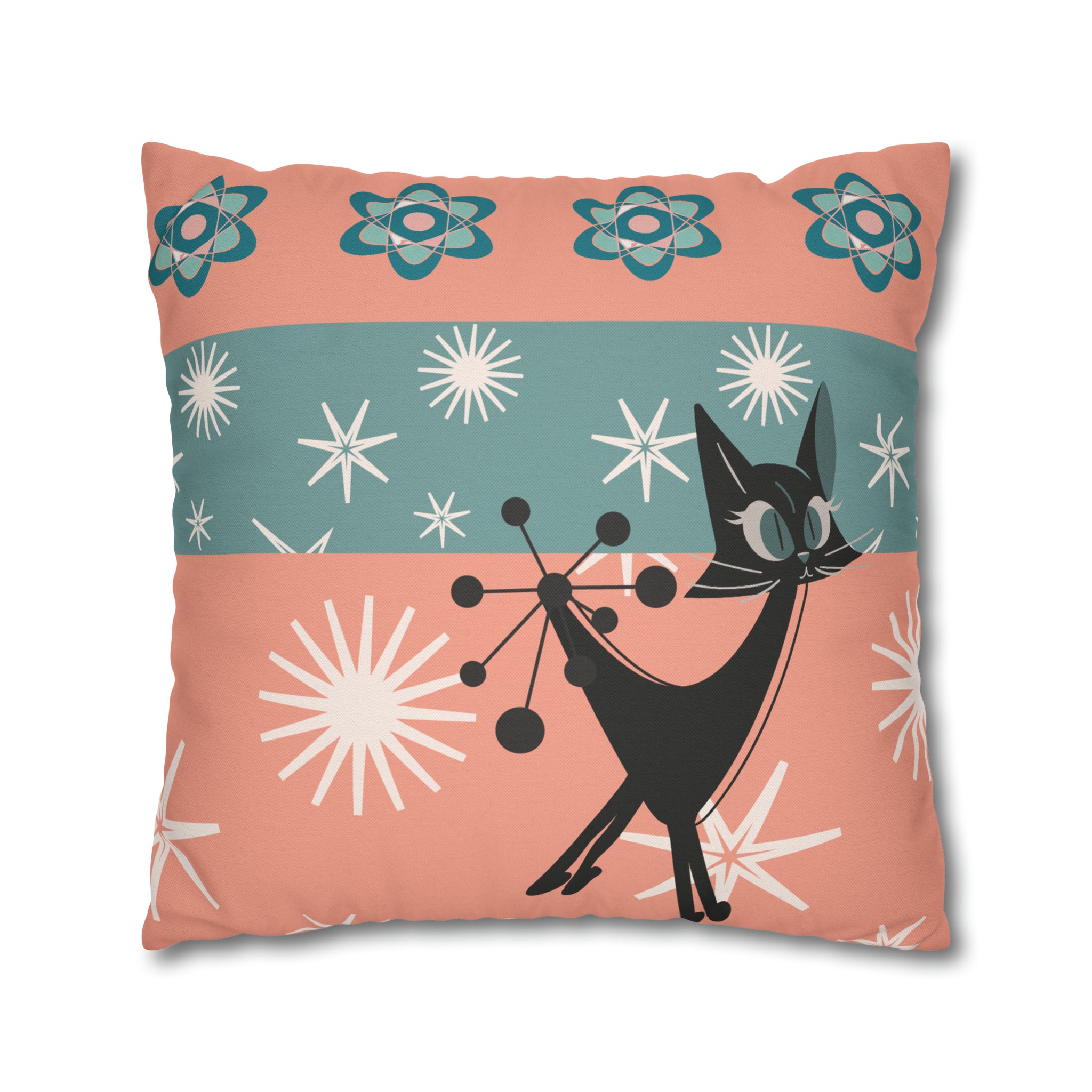 Atomic Kitschy Kittie, Black Cat Lover, Mid Century Modern Boomerang, Retro Coral, Teal, Starburst, 50s Pillow Case Cover - Mid Century Modern Gal