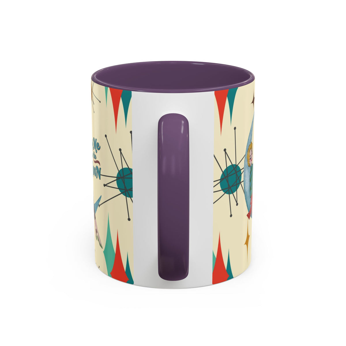 Mid Century Modern retro Christmas mug featuring 'Fly Me to the Moon' design with vibrant colors and vintage motifs.
