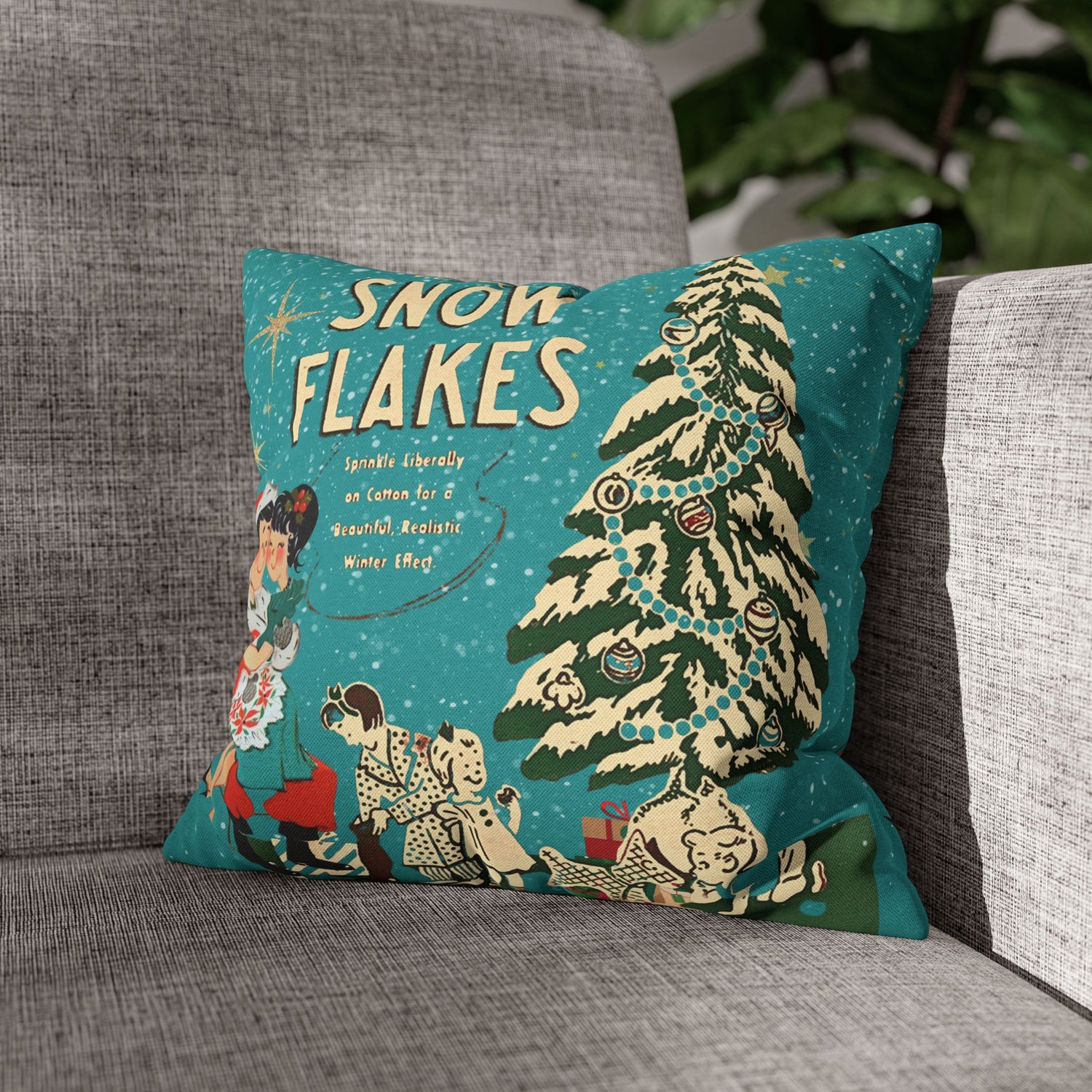 50s Mica Snow Christmas Pillow, Kitschy Mod Couple, Festive Fun Pillow Cover - Mid Century Modern Gal