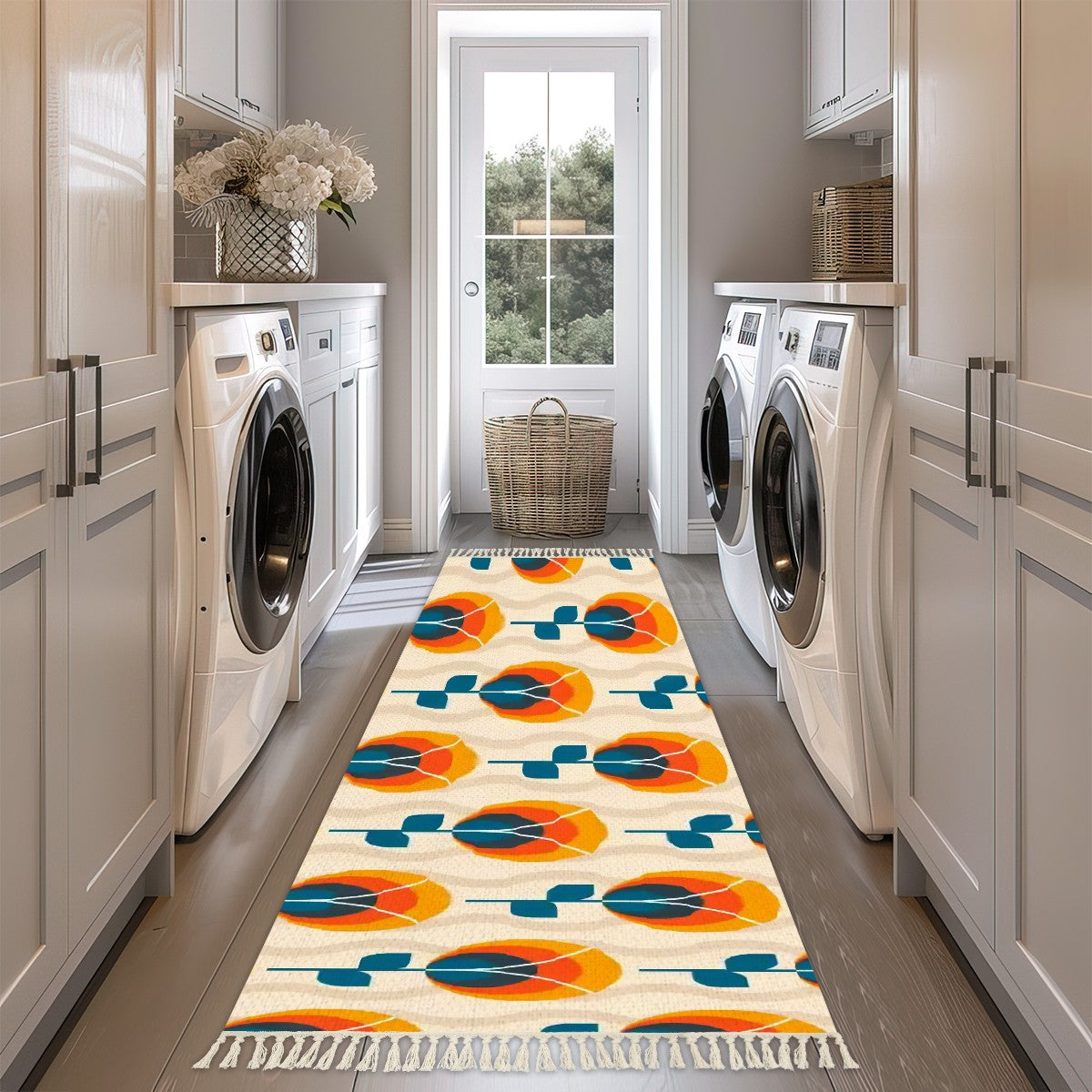 Mid Century Modern Floral Scandinavain Flower Orange Blue Rug Runner - Mid Century Modern Gal