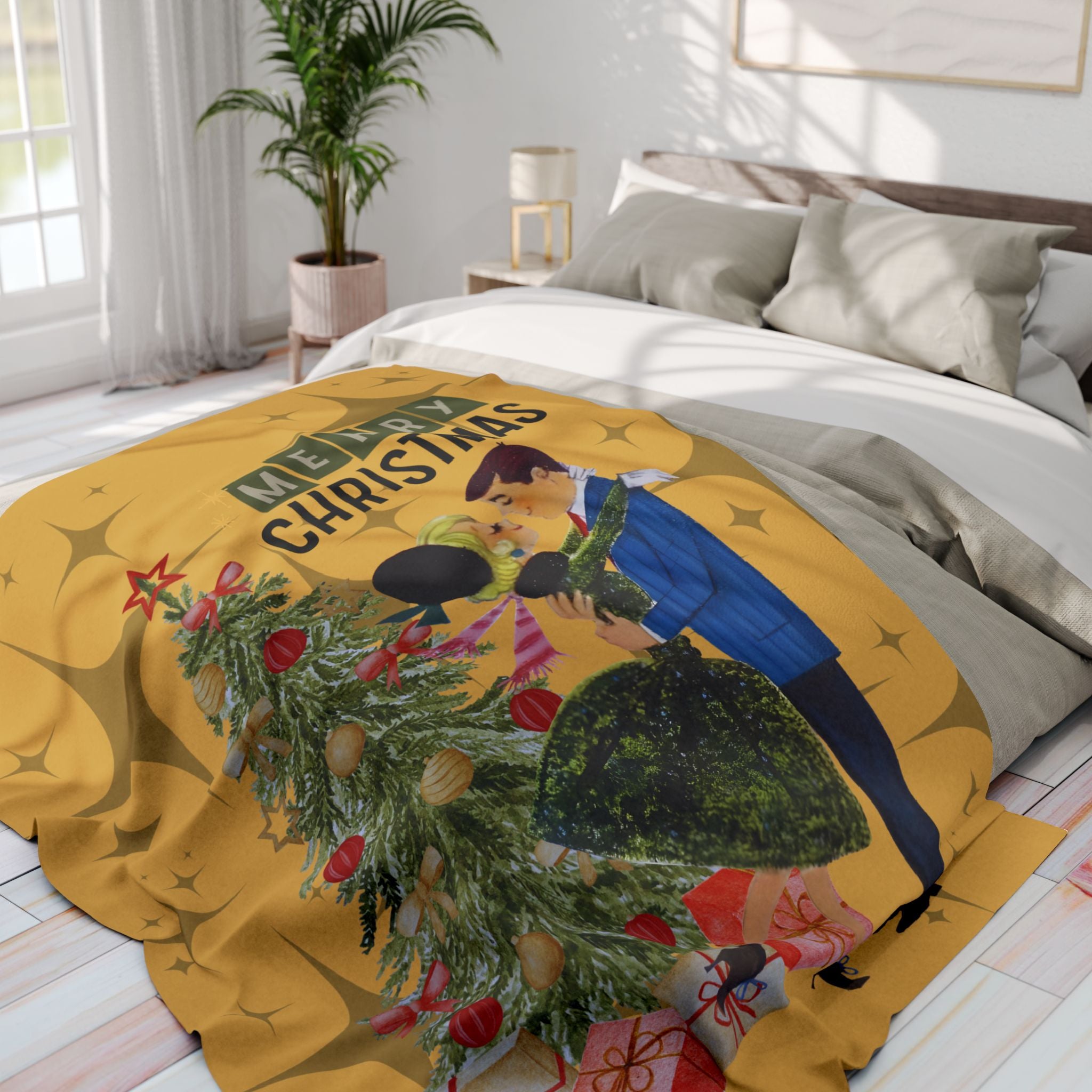 Retro Holiday Kitsch, Vintage Christmas Fleece Blanket - Merry Christmas Holiday Throw - Mid Century Modern Gal