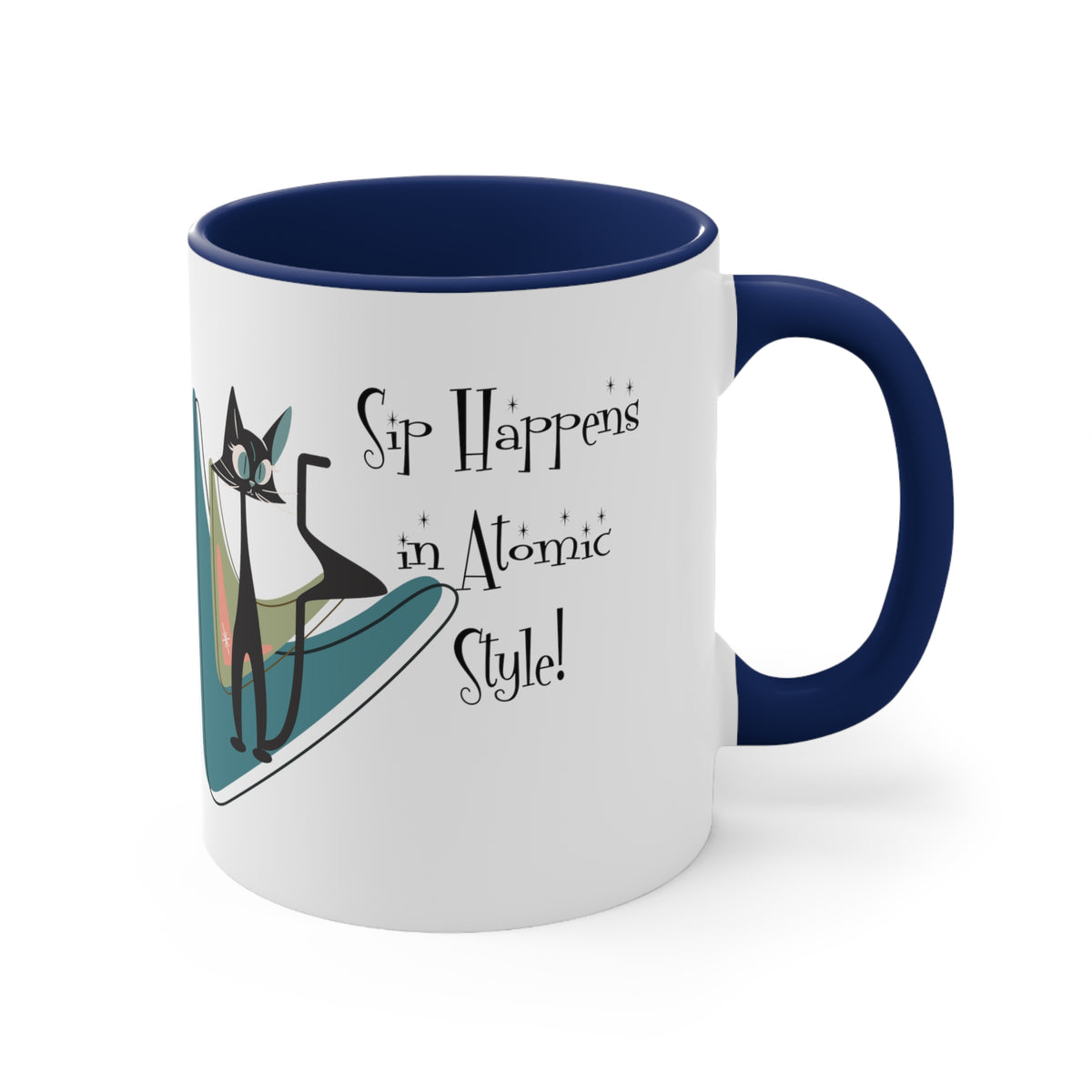 Atomic Cat, Mid Century Modern Drinkware, Coffee Mug, Sip Happens, Retro Boomerang, Kitschy Funny Coffee Lover Gifts - Mid Century Modern Gal