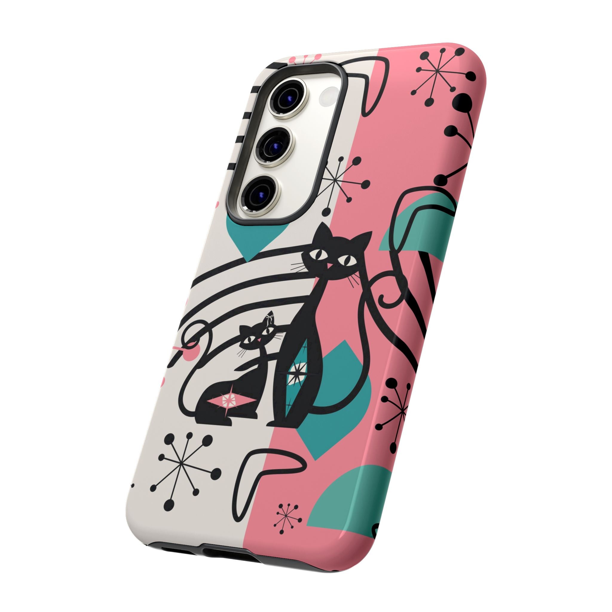 Mid Mod Atomic Cat Boomerang Starburst, Pink, Black Kitschy Stylish Cat Phone Case: Modern Design for Cat Lovers