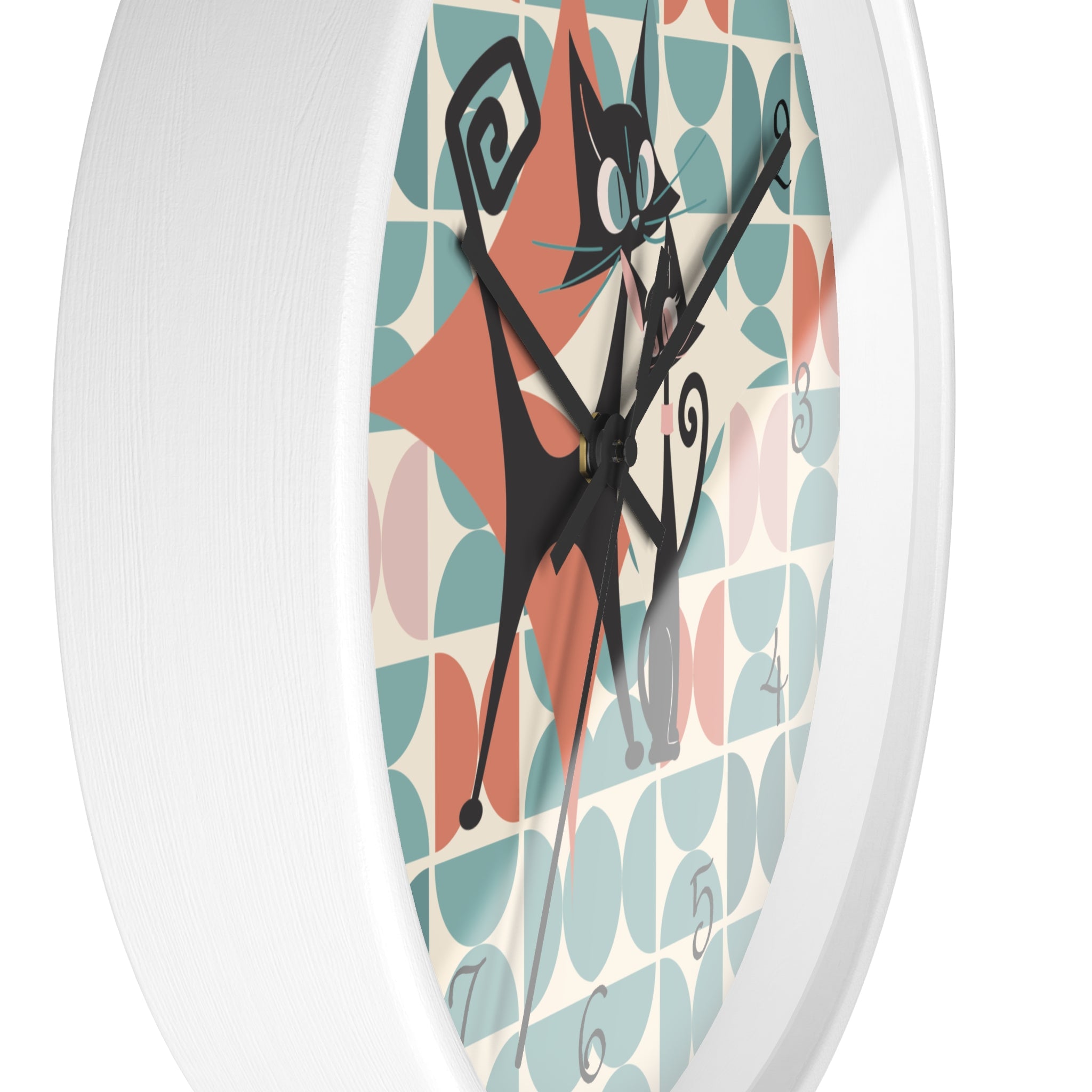 Kitchen Clock, Atomic Cat Retro Mid Century Modern Style With Scandinavian Designed Geometric Shapes, 50s Wall Clock For Cat Lovers - Mid Century Modern Gal
