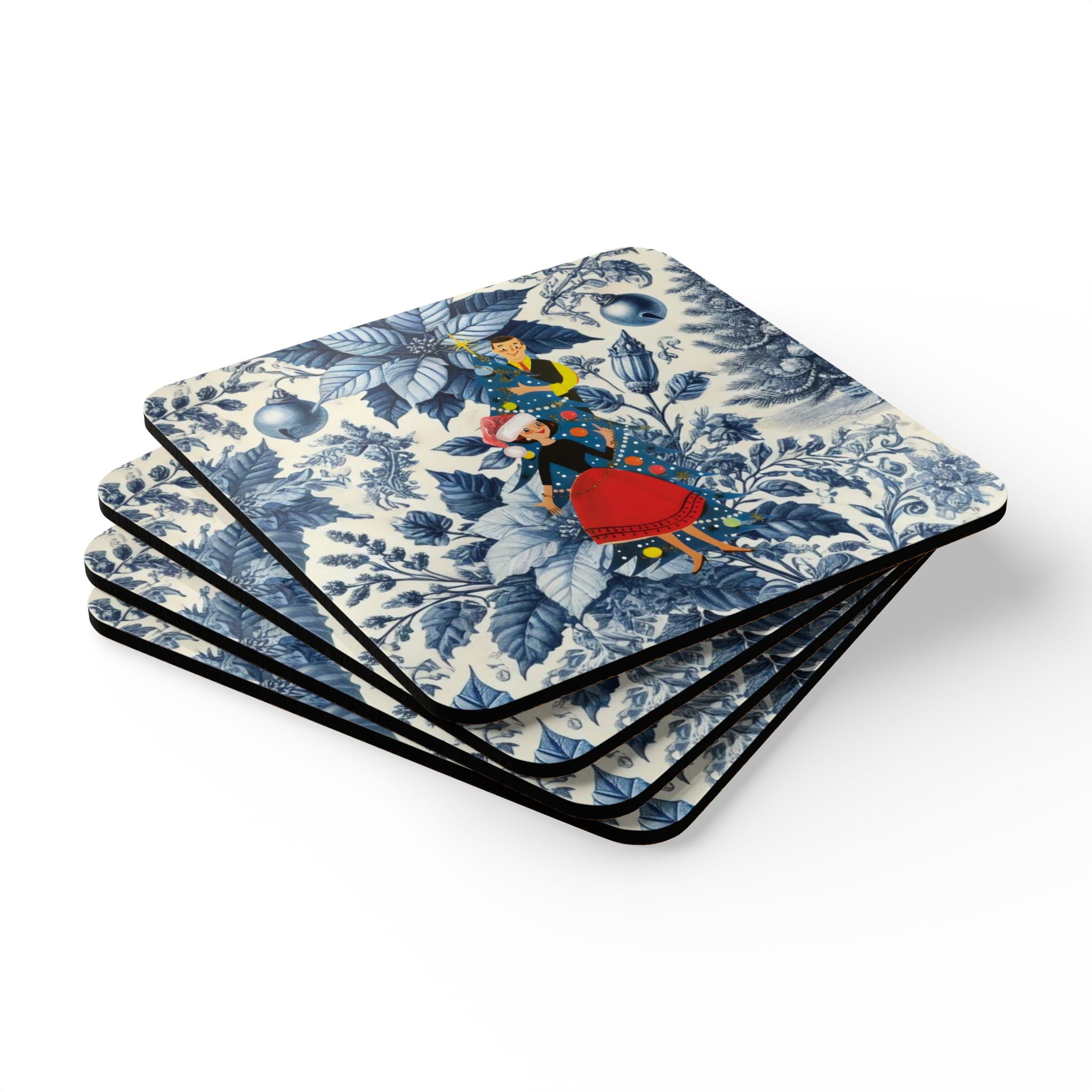 Christmas Blue Toile, Kitschy 50s Holiday Corkwood Coaster Set - Mid Century Modern Gal