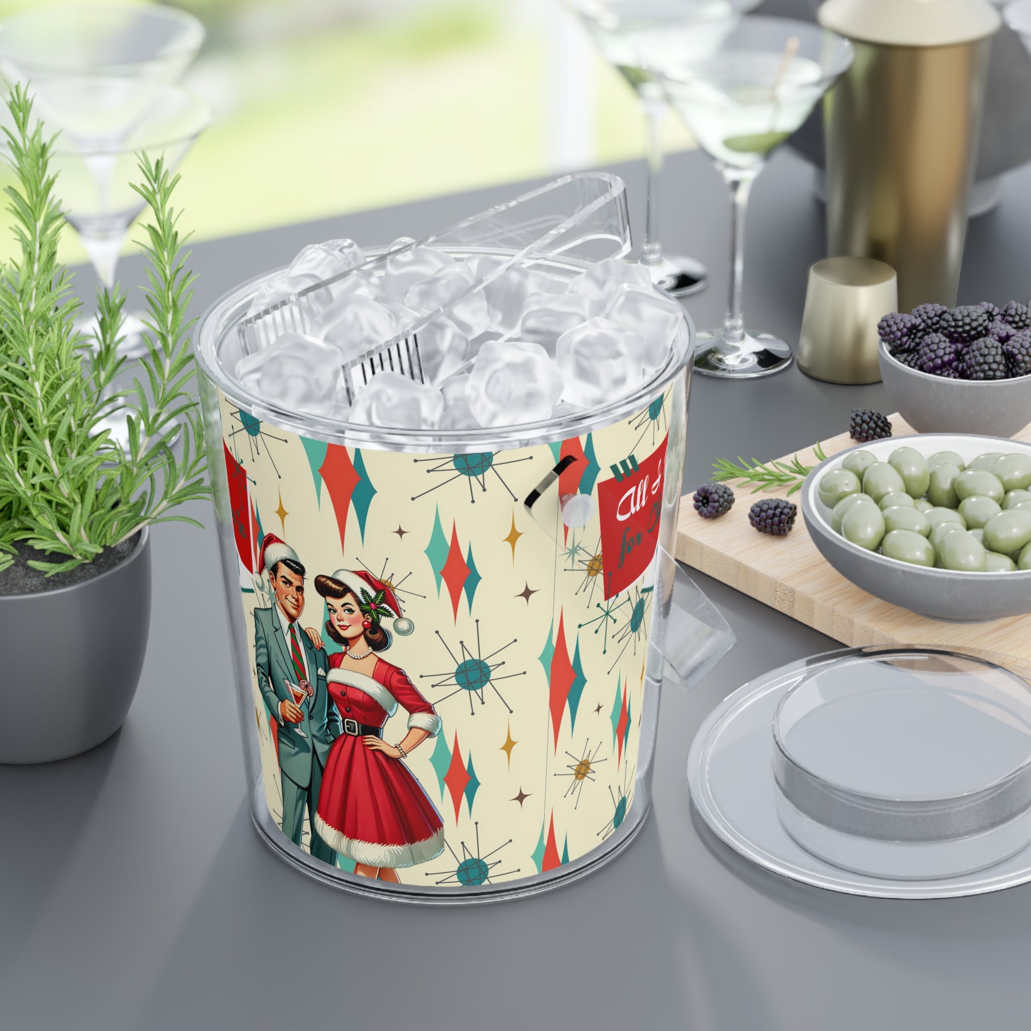 Atomic 50s Franciscan Starbust Christmas Kitsch Ice Bucket With Tong - Mid Century Modern Gal