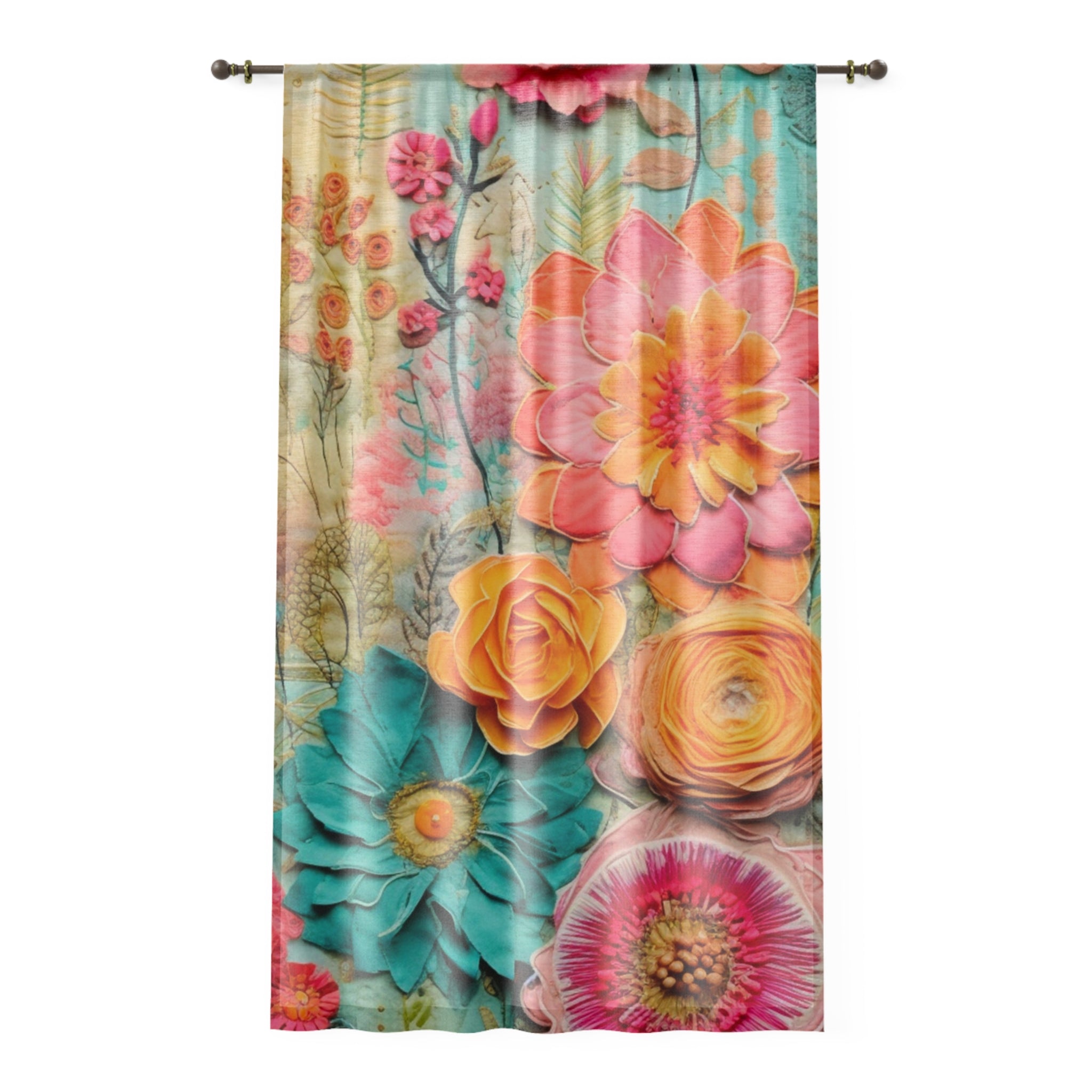 Bohemian Curtain, Soft Flowy Pressed Flower, Retro Vibe, Boho Sheer Window Curtain - Mid Century Modern Gal
