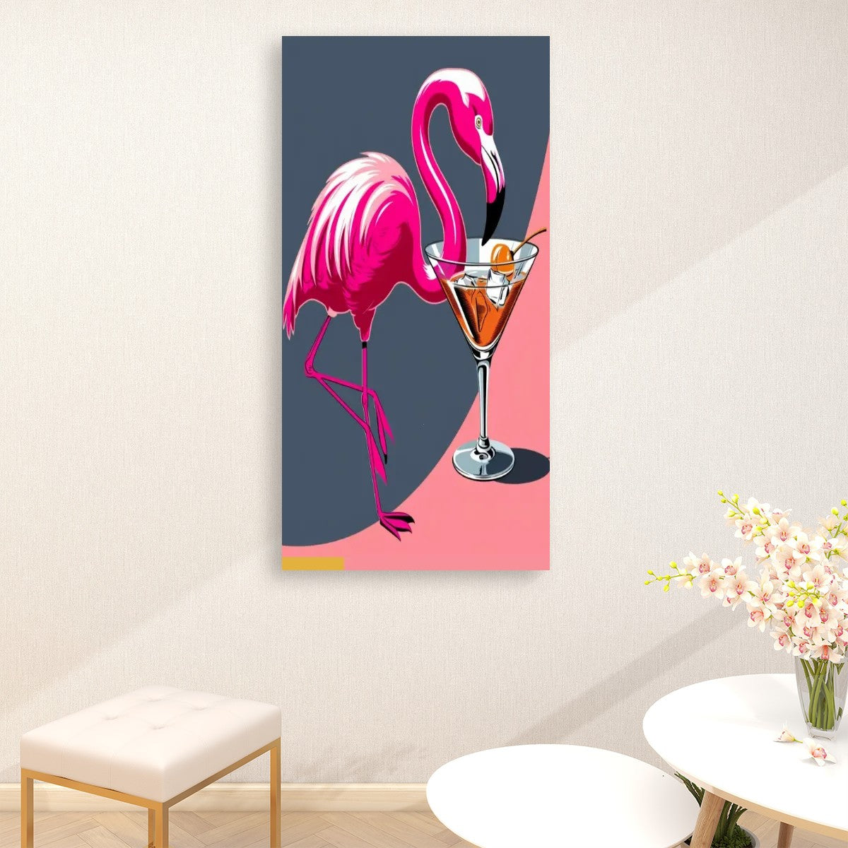 Mid Century Modern Flamingo Wall Art, MCM Barware Cocktail Hour Large Canvas - Mid Century Modern Gal