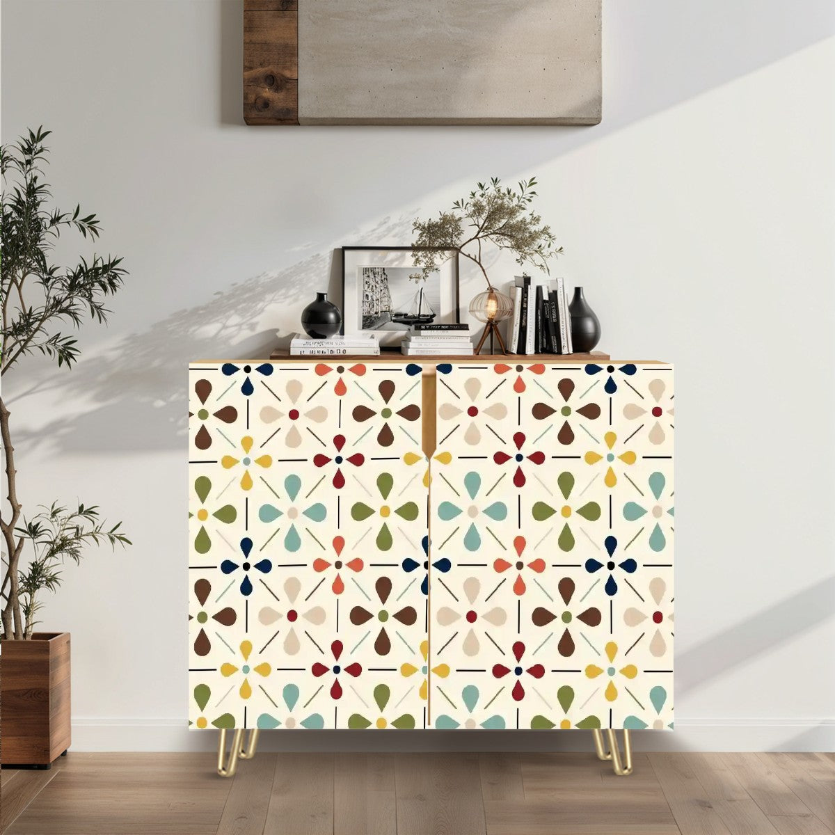 Mid Century Modern Wooden Storage Cabinet With Scandinavian Flower Design - Mid Century Modern Gal