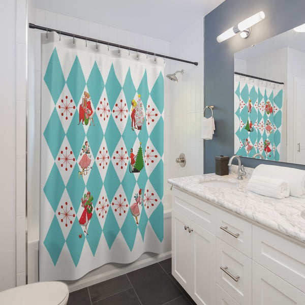 50s Holiday Kitsch, Mid Century Modern Aqua Blue, White Harlequin Diamond Starburst Christmas Shower Curtain