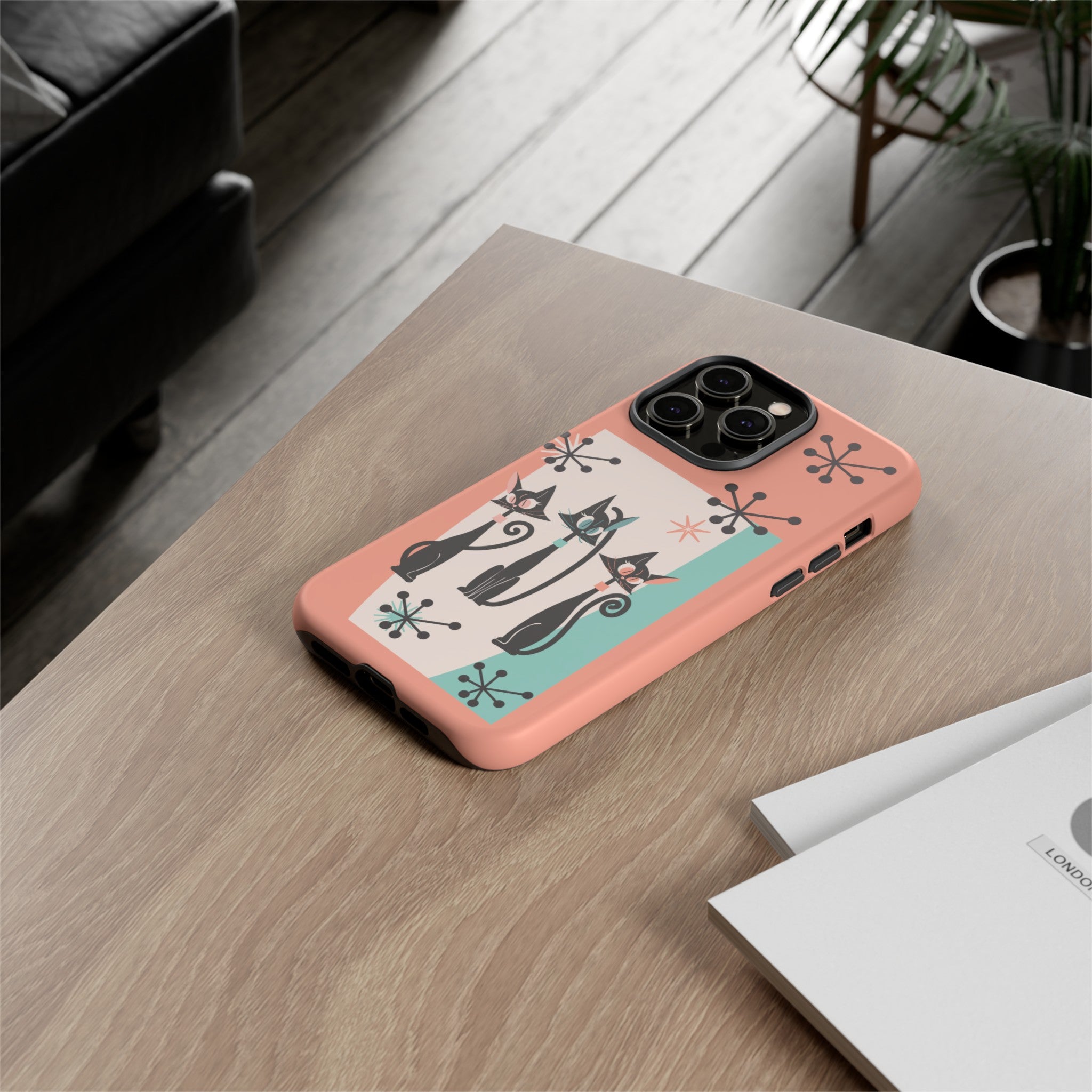 Atomic Cat Mid Mod Coral Aqua Blue Starburst Kitschy Fun Chic Samsung, Smart Phones Tough Cases - Mid Century Modern Gal