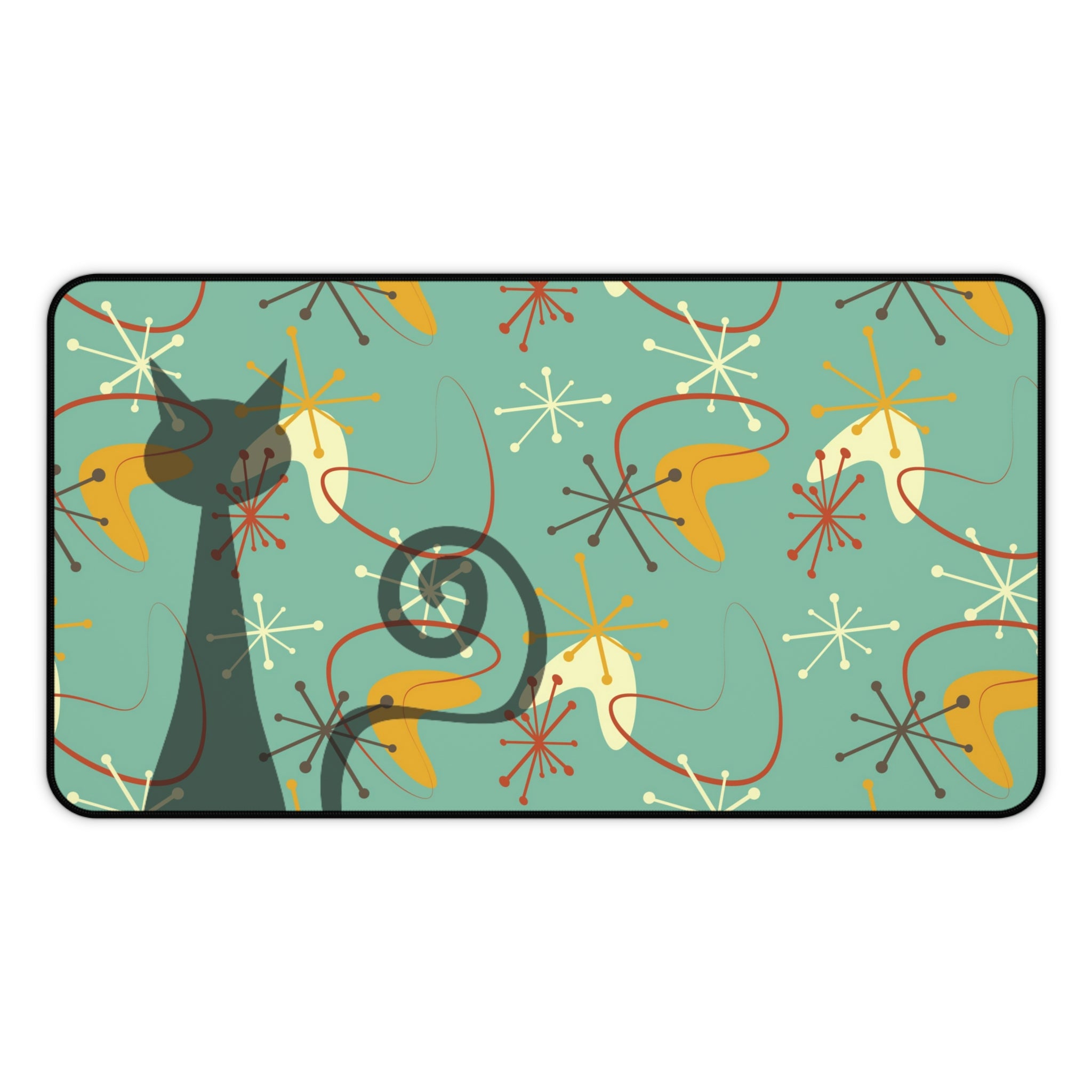 Atomic Cat Boomerang Retro Mid Century Modern Green, Brown, Yellow, Beige MCM Home Decor Desk Mat - Mid Century Modern Gal