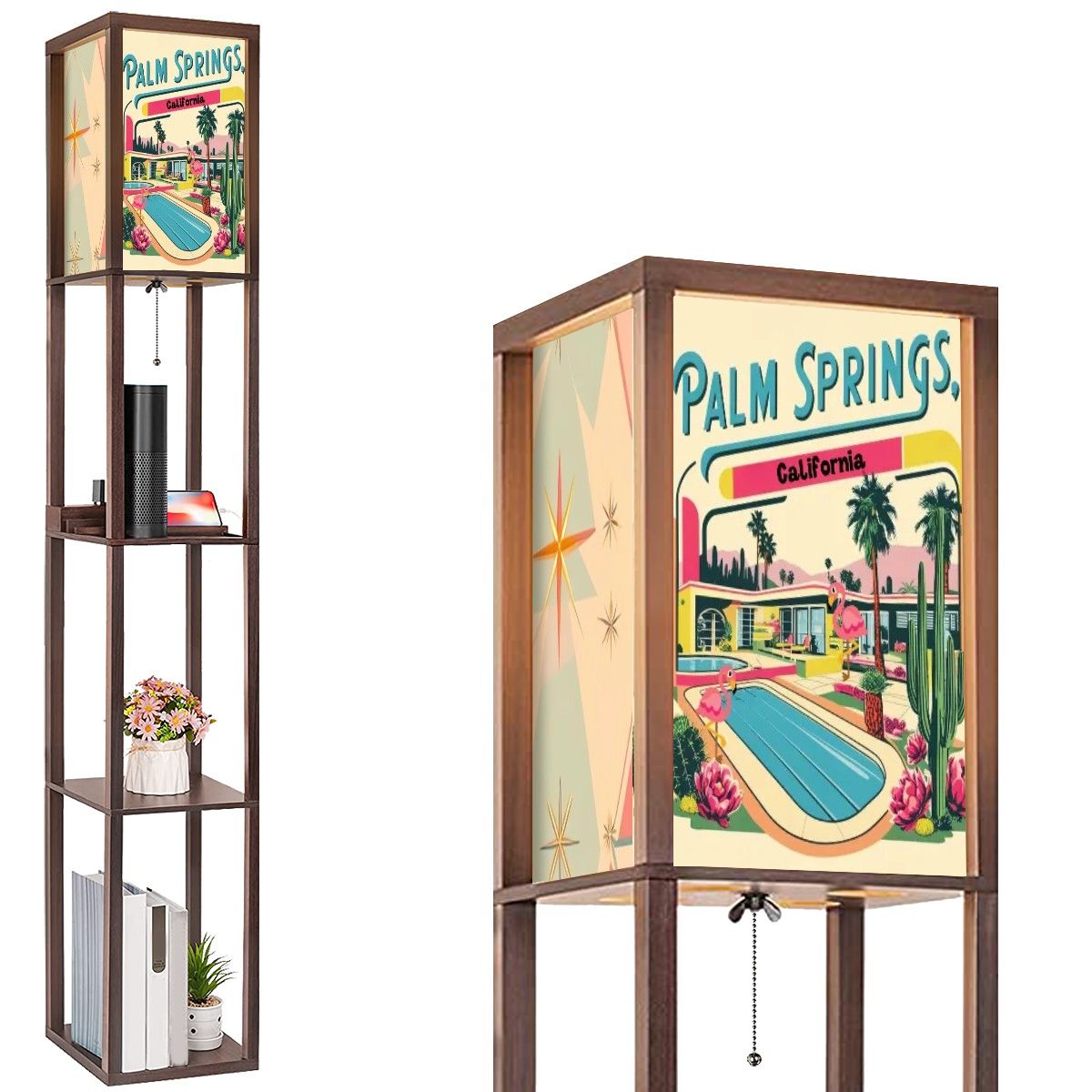 Palm Spring California Flamingo Kitsch Modern Floor Lamp with Shelves - Mid Century Modern Gal