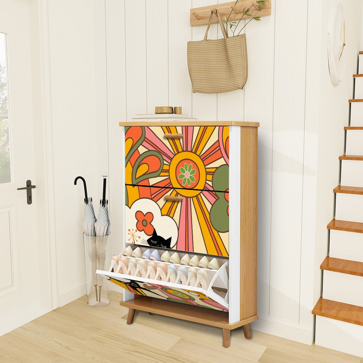 Retro Groovy 70s Sunshine Mid Mod Shoe Cabinet Adorned WIth Hippie Vibes And Atomic Cat - Mid Century Modern Gal