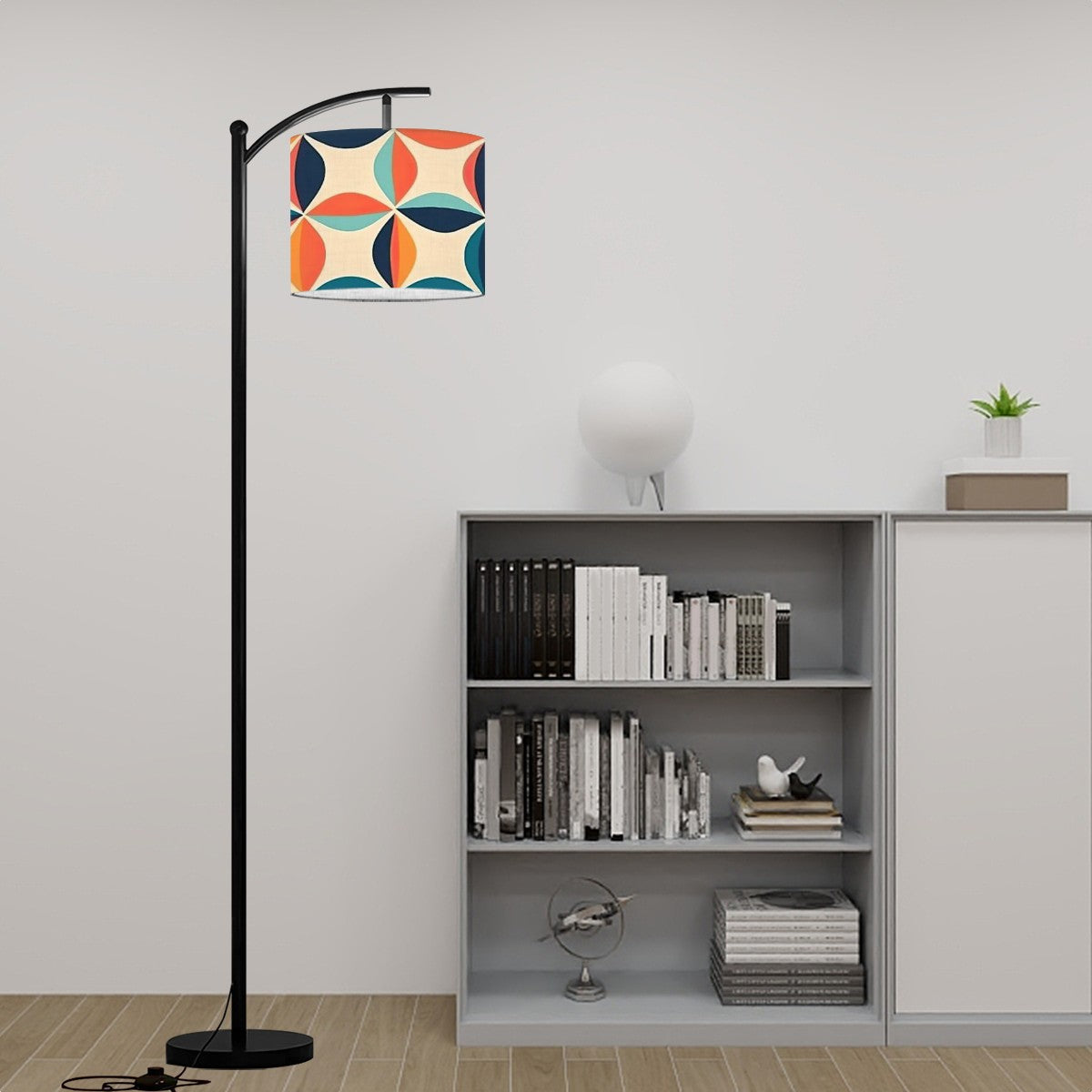 Mid Century Modern Arc Floor Lamp Scandinavian Blue, Orange, Teal 60s Geometric Pattern - Mid Century Modern Gal