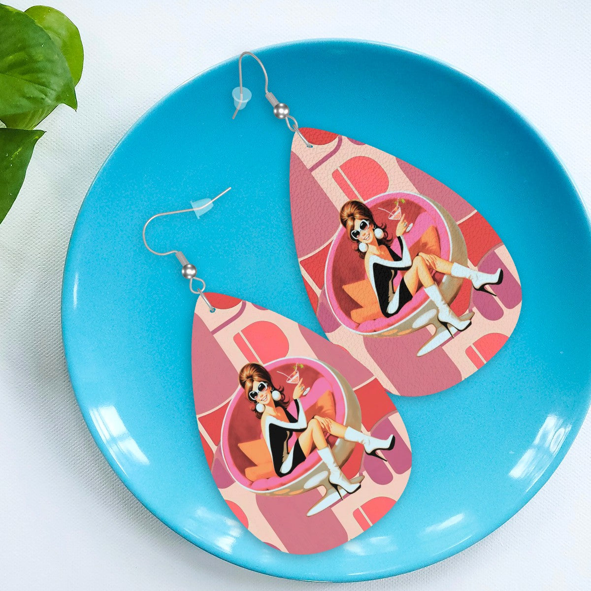 Mod 60s Gal Atomic Cocktail Hour, Pink Retro Faux Leather Teardrop Earrings - Mid Century Modern Gal