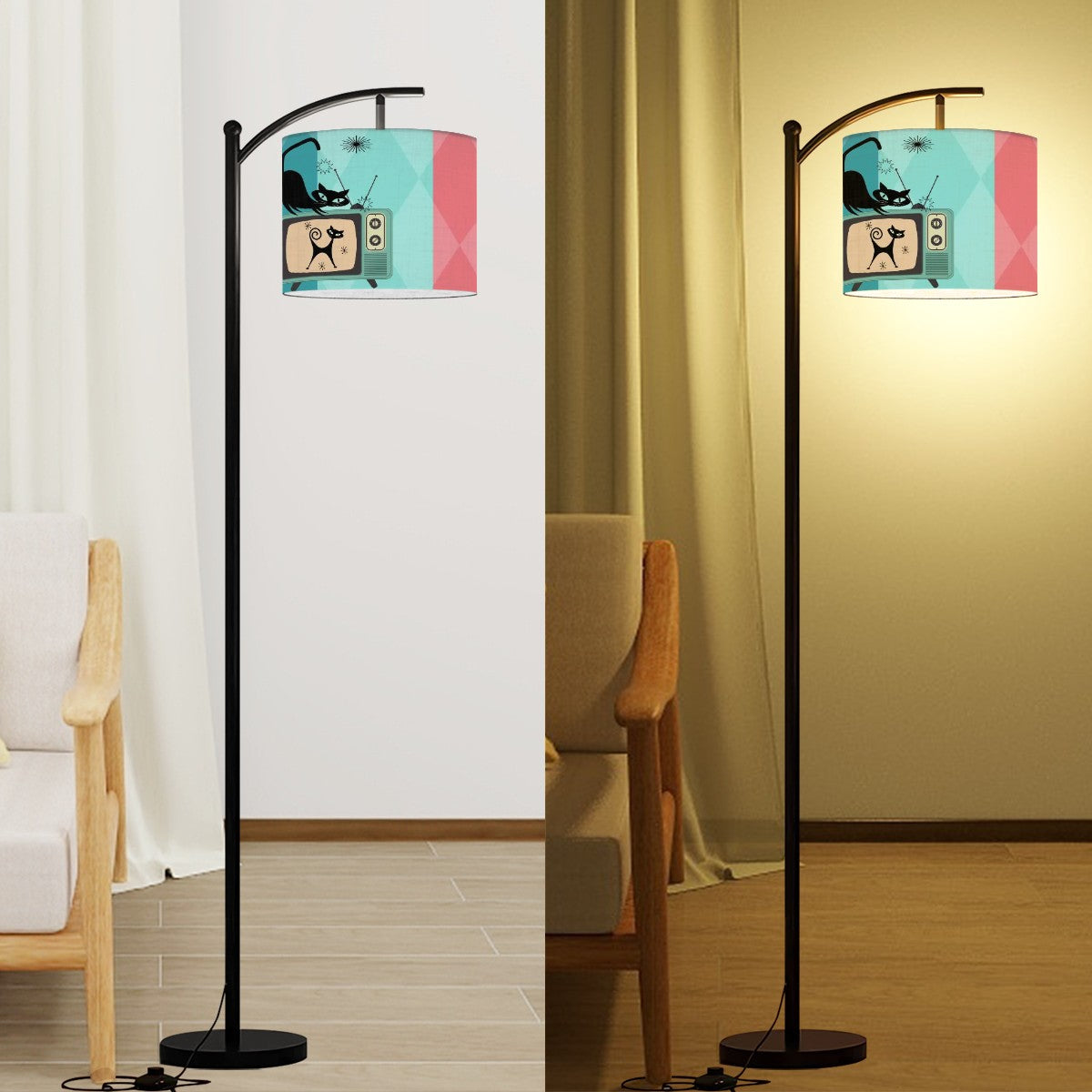 Atomic Cat Mid Century Modern Floor Lamp, Kitsch Pink, Aqua Teal Mod Arc Lighting - Mid Century Modern Gal