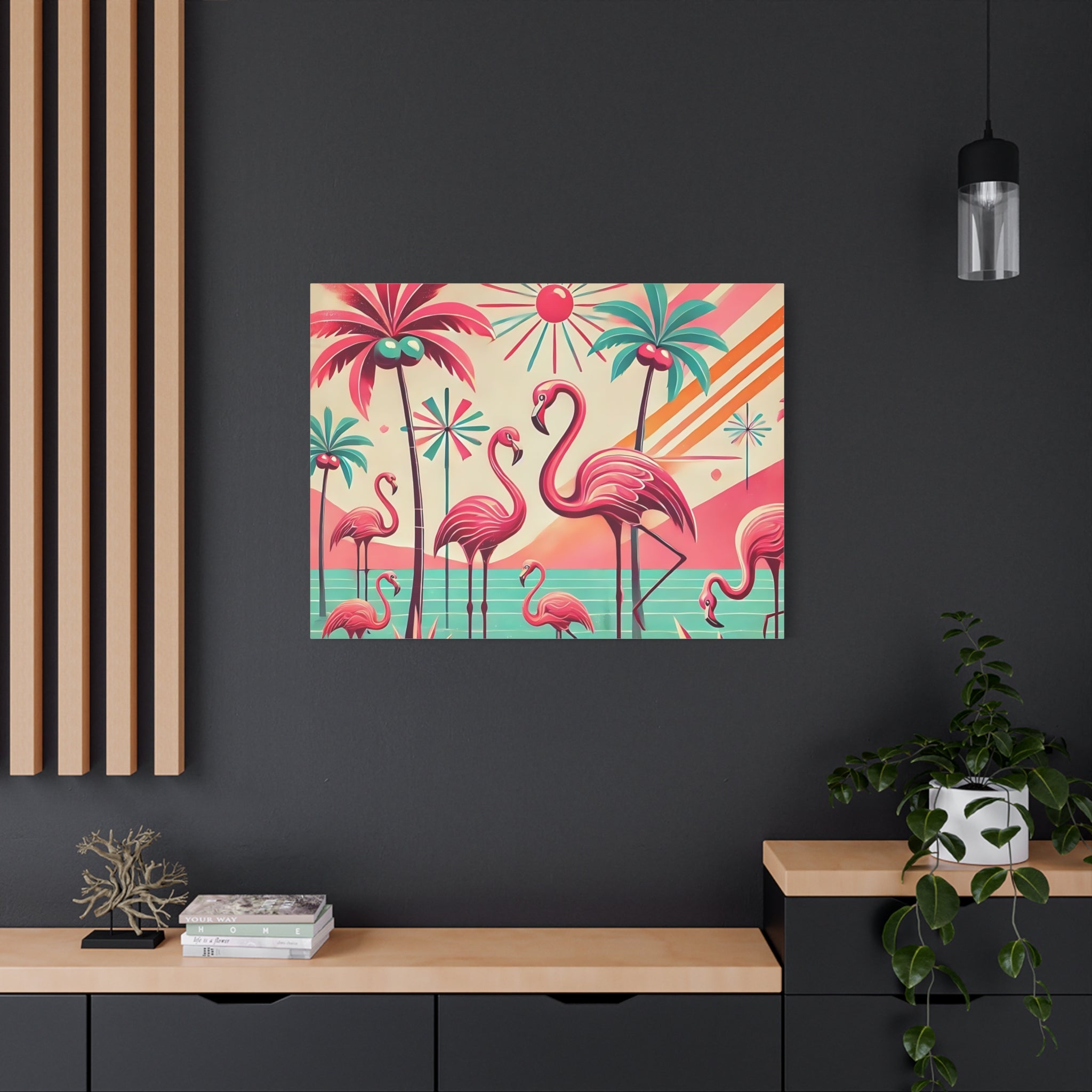 1950s Mid Century Modern Flamingo Art, Kitschy Pink, Teal, MCM Matte Canvas - Mid Century Modern Gal