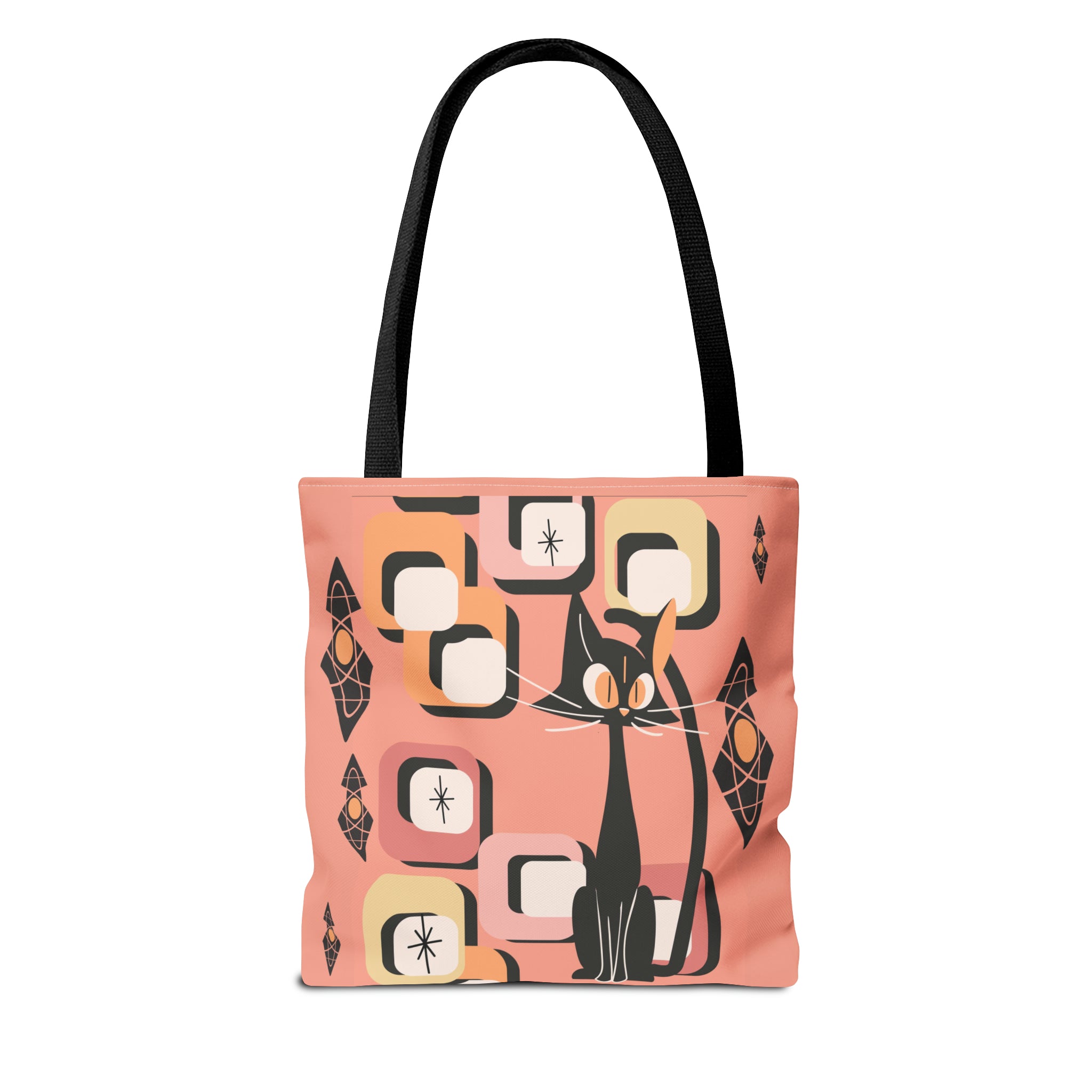 Atomic Cat Tote Bag, Coral Color, Mid Century Modern Geometric Designs, Mid Mod Retro Apparel - Mid Century Modern Gal
