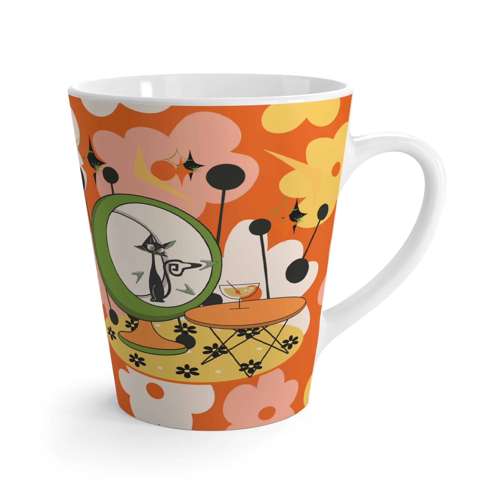 70s Retro Floral Latte Mug with Playful Atomic Cat Design - Perfect for Coffee Lovers - Mid Century Modern Gal